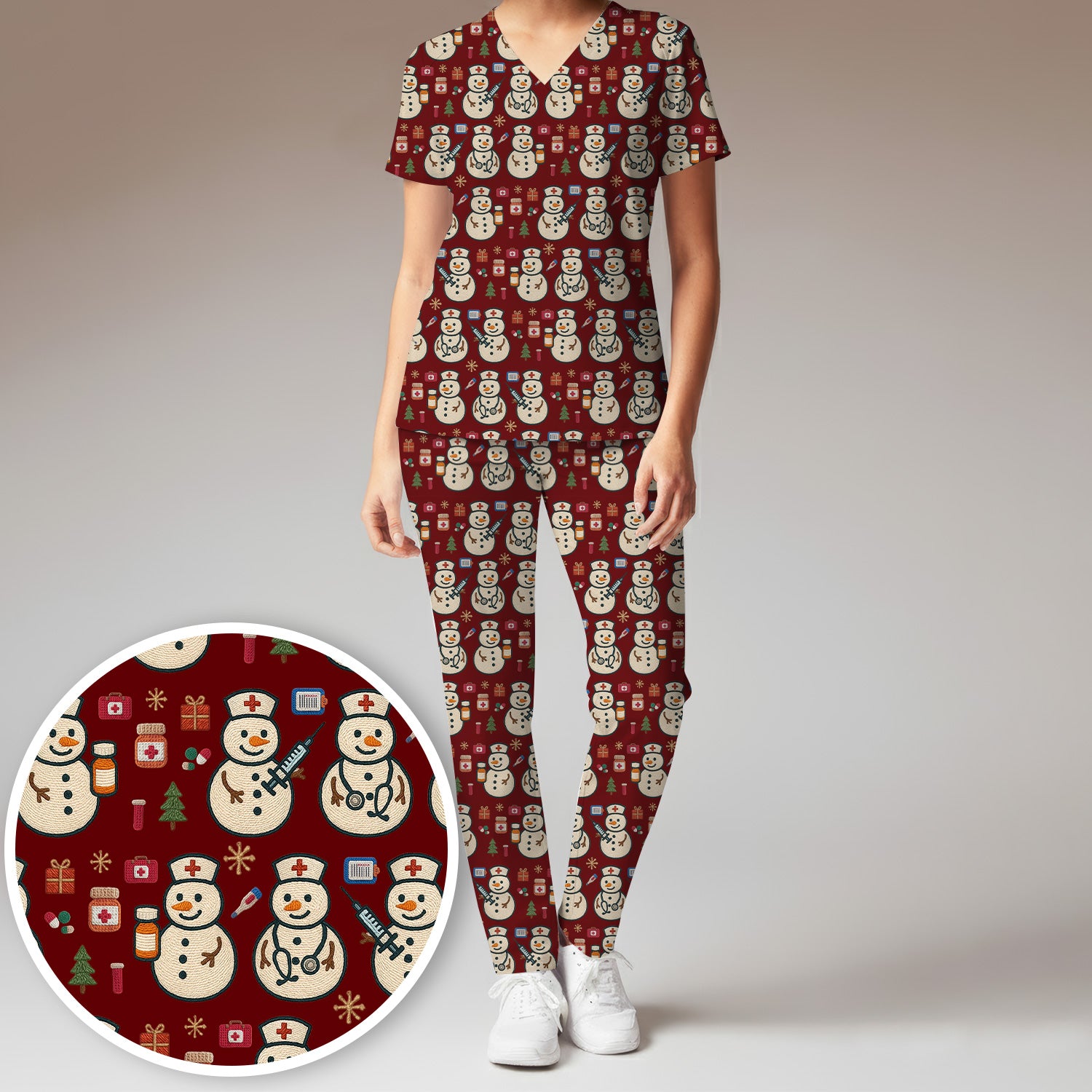 Snowman Nurse Christmas Scrub Set – Festive Medical Pattern Shirt – Cute Holiday Uniform For Nursing