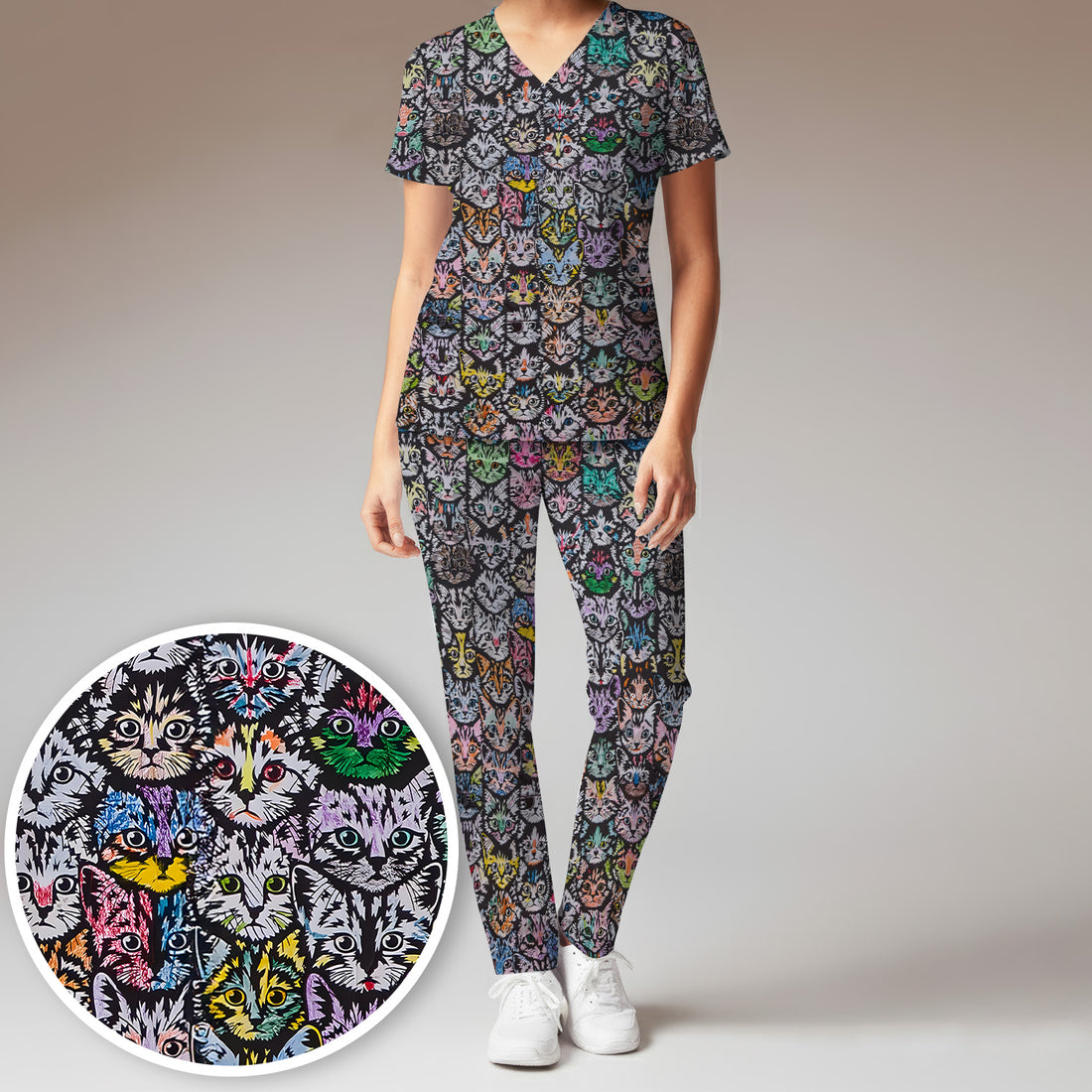 Colorful Cat Faces Pattern Scrub Set, Artistic Kitty Portrait Print, Scrub Pants and V Neck Top