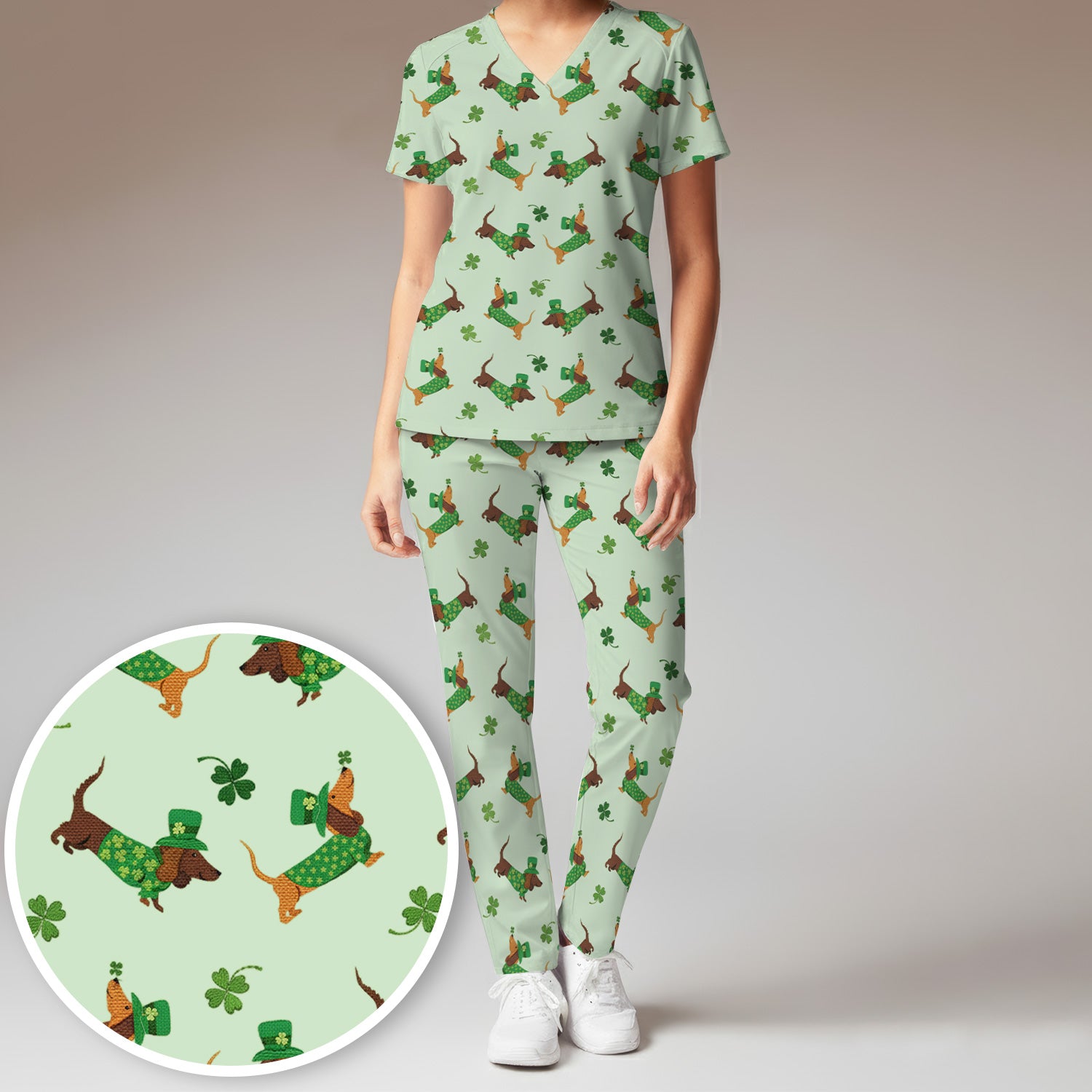 St. Patrick’s Day Dachshund Scrub Set, Funny Wiener Dog Nurse Shirt, Breathable Fabrics Nursing Uniform