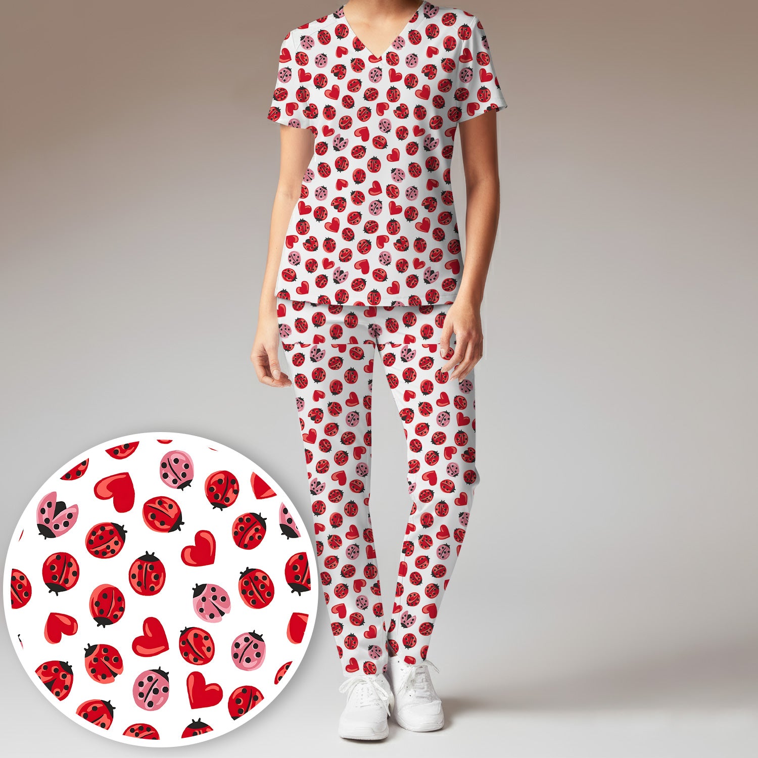 Cute Ladybug and Red Heart All Over Print Set, Women's Scrub Sets