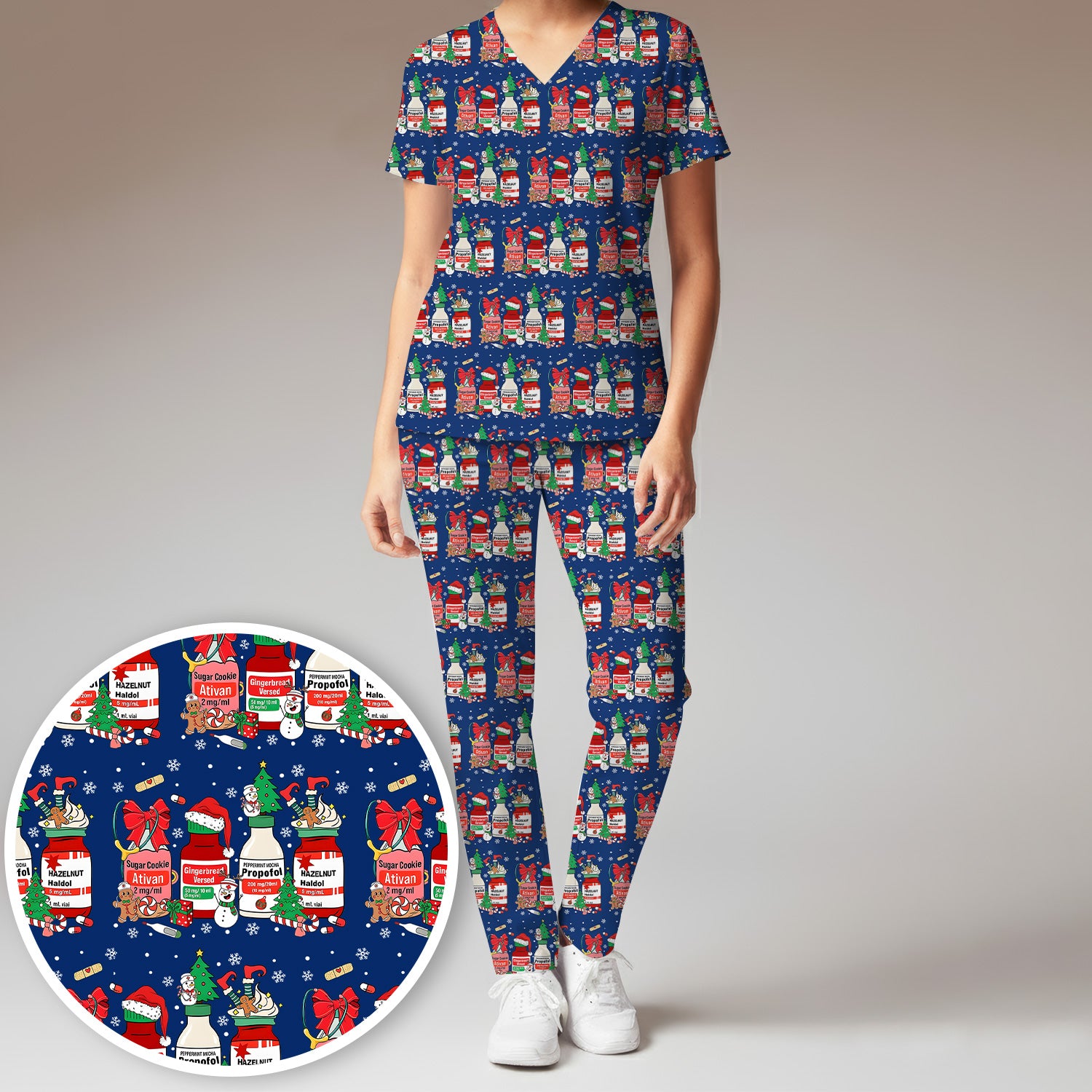Funny Christmas Medication Scrub Set – Festive Holiday Pharma Bottles Pattern – Playful Medical Uniform for Nurses, Pharmacists & Healthcare Workers