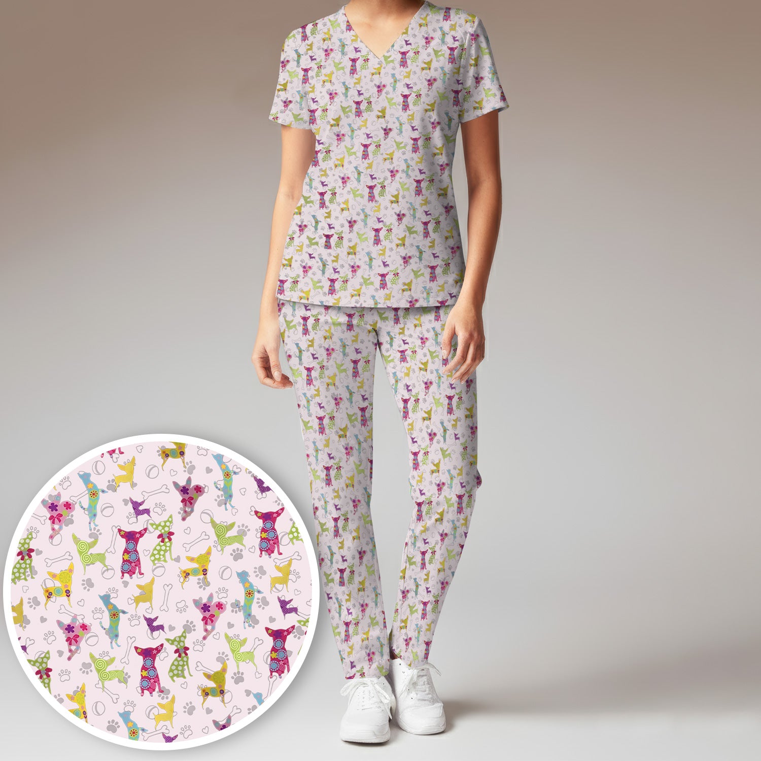 Colorful Playful Dog Print Nurse Scrub Set, Scrub Pants and V Neck Top