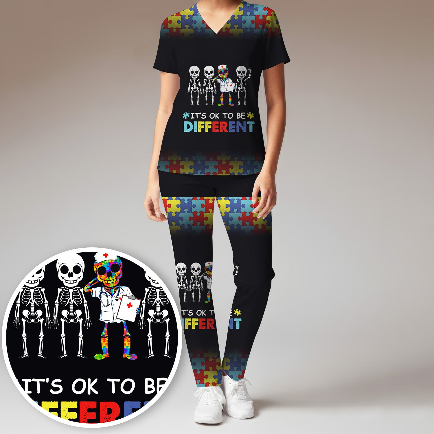 Autism Puzzle Skeleton Nurse It's OK to Be Different Scrub, Women's Scrub Sets