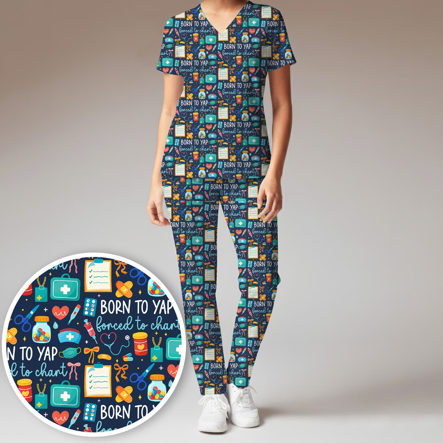 Born To Yap Medical Tools Pattern Scrub Set, Scrub Pants and V Neck Top