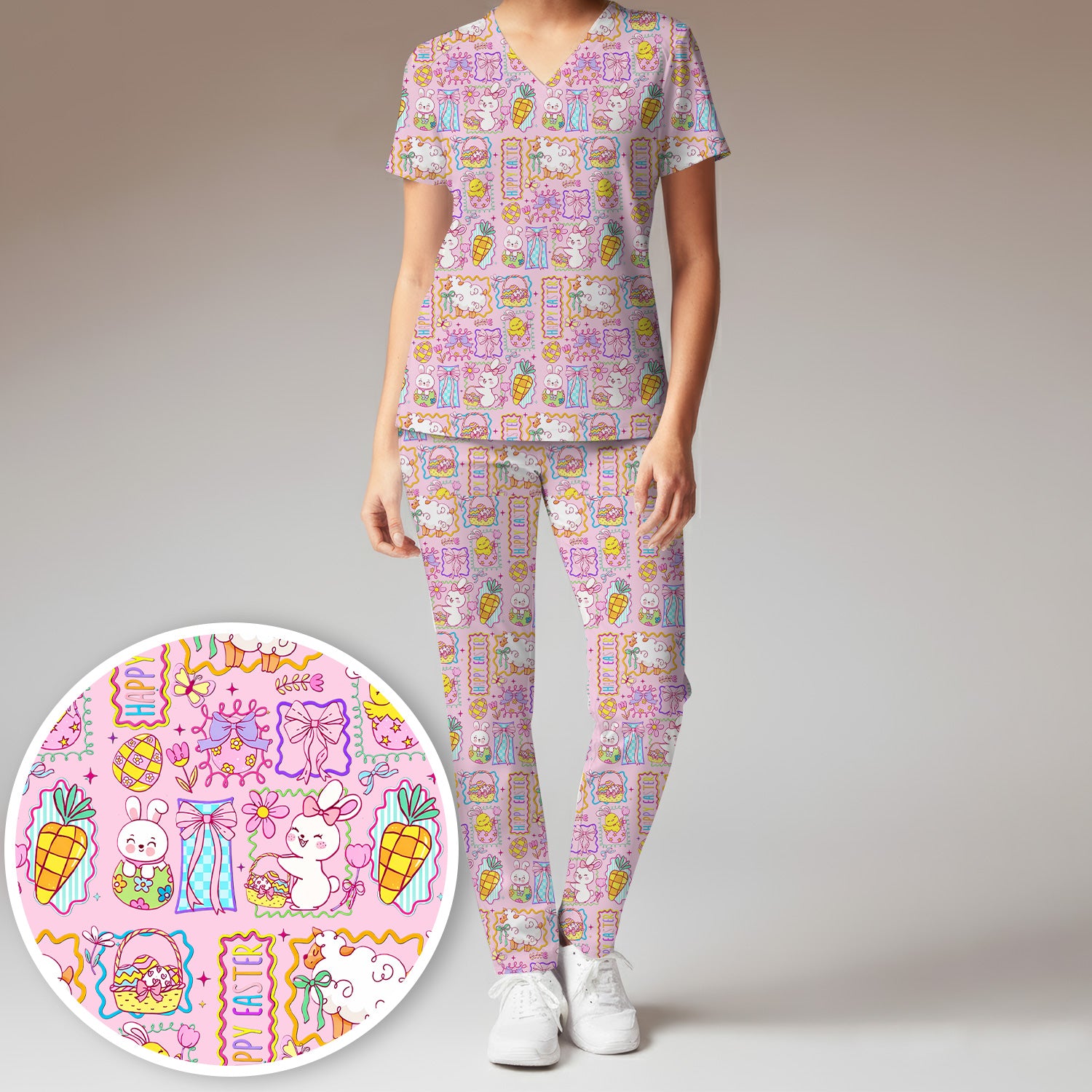 Cute Easter Bunny Egg and Bow Print Scrub Set, Scrub Pants and V Neck Top