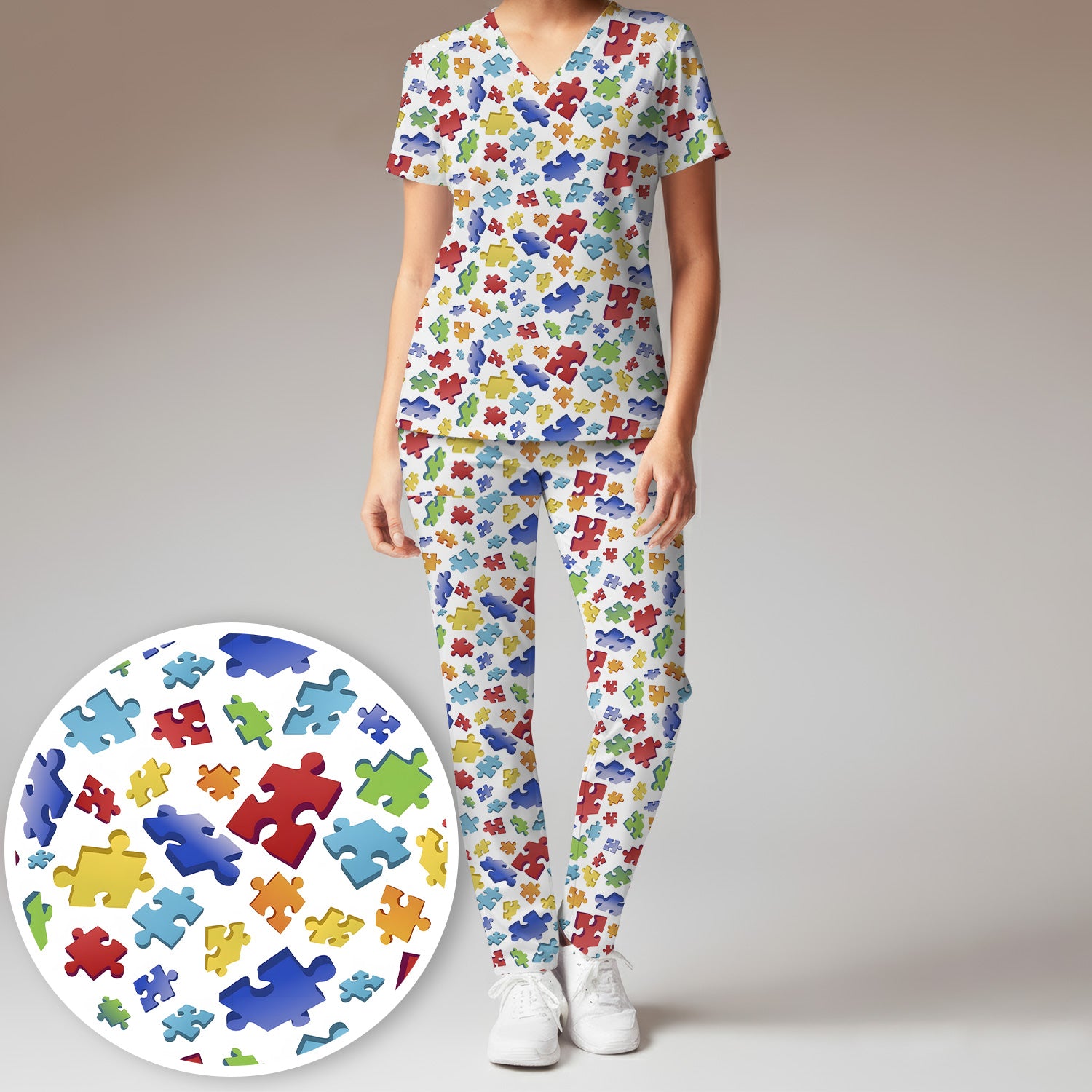 Colorful Scattered Puzzle Piece Pattern Print Scrub Set, Scrub Pants and V Neck Top