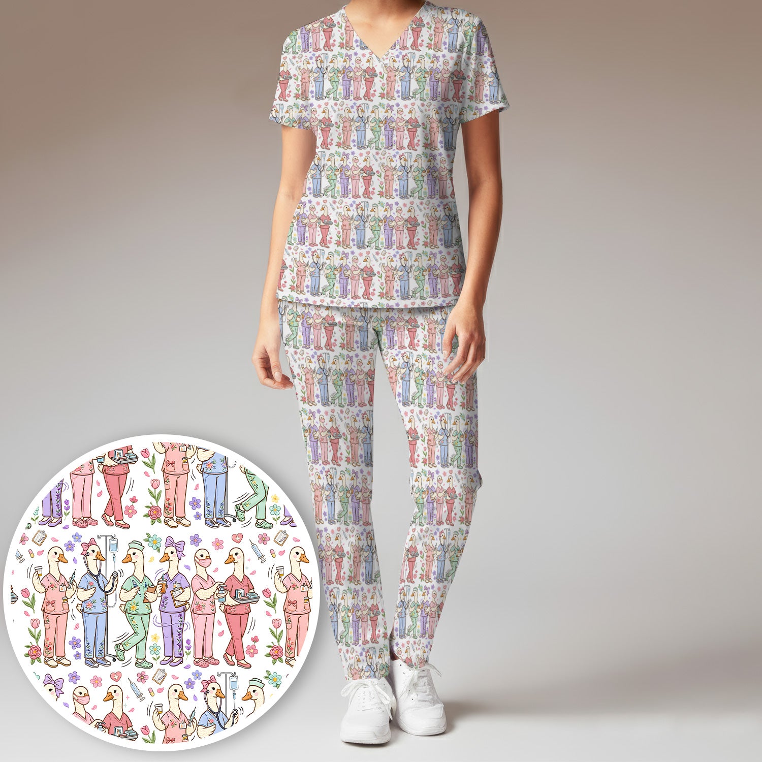 Goose Characters Floral Medical Team Uniform Pattern Scrub Set, Breathable Med Uniform