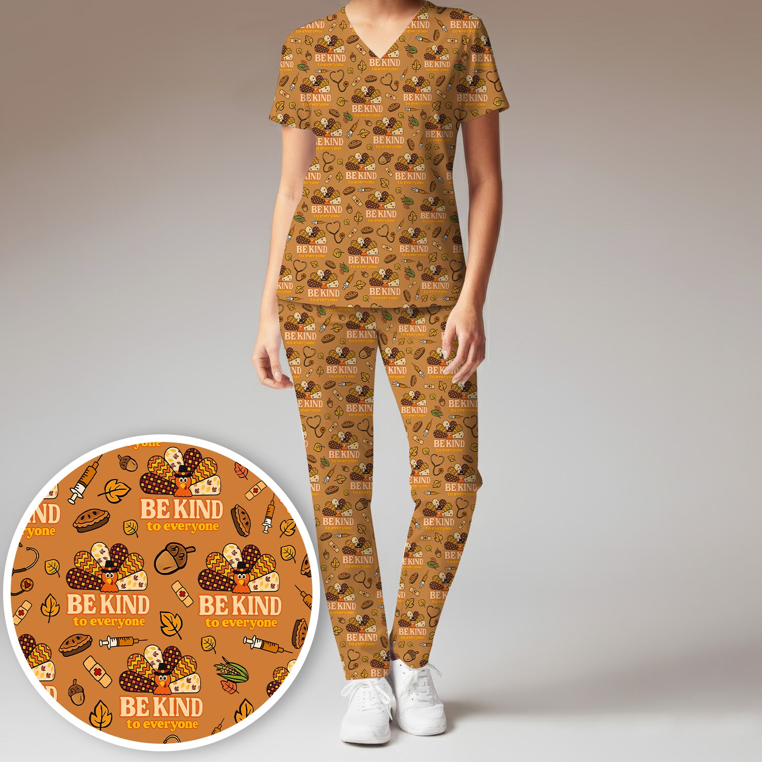 Thanksgiving Be Kind Scrub Set – Fall Nurse Shirt with Heart and Leaf Pattern – Cute Autumn Medical Uniform for Healthcare Staff