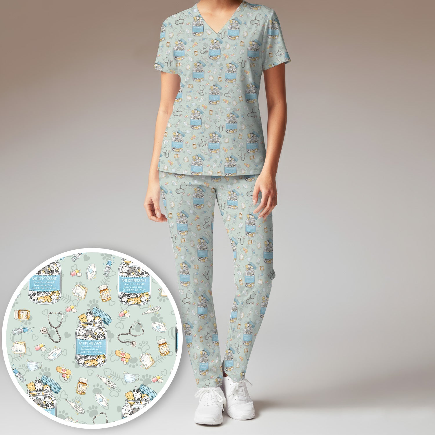 Cute Antidepressant Cat Jar Print Women's Scrub Set, Breathable Med Uniform