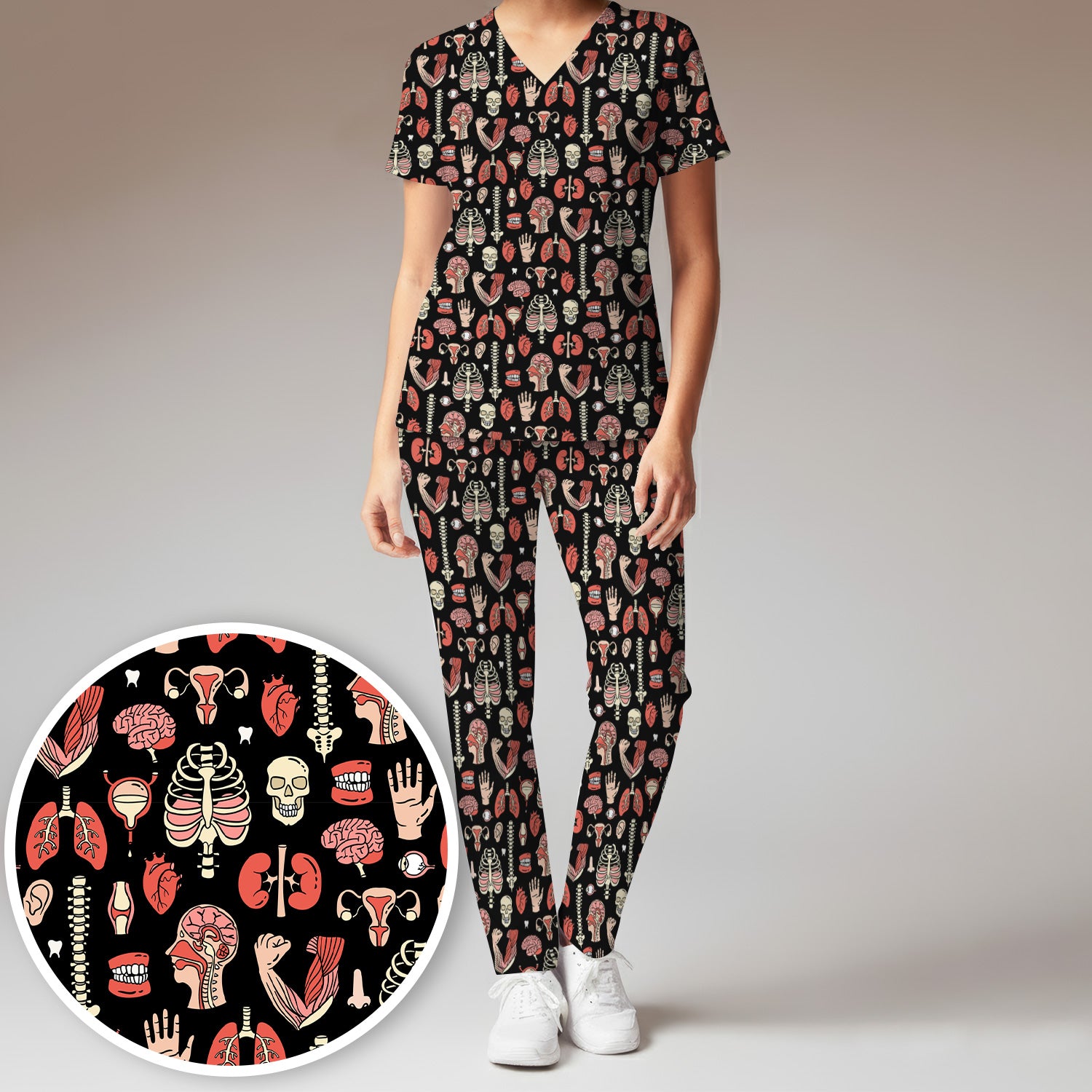 Human Anatomy Body Parts Pattern Scrubs Sets, Breathable Med Uniform