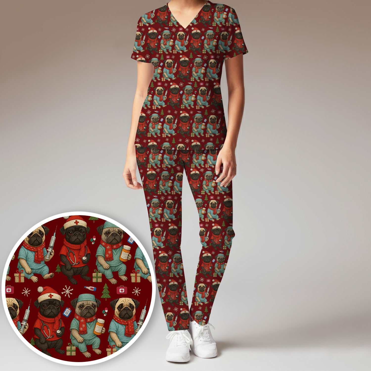 Christmas Pug Nurse Scrub Set, Cute Holiday Dog Medical Uniform Shirt For Nursing