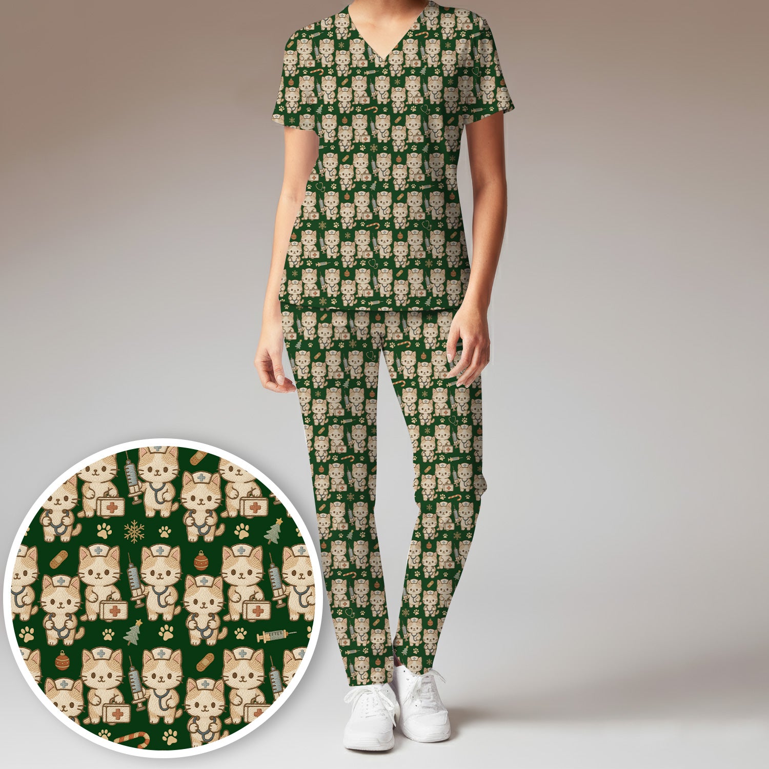 Cute Cat Nurse Christmas Scrub Set, Kawaii Kitty Medical Pattern Shirt, Breathable Fabrics Nursing Uniform