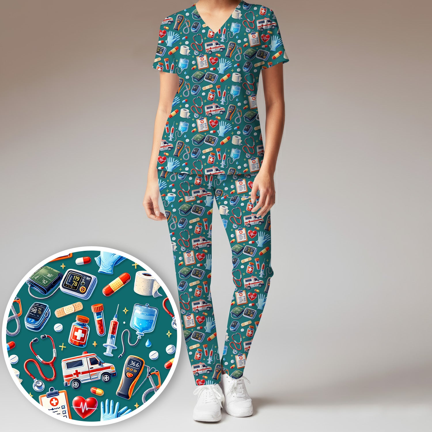 Medical Tools Pattern Ambulance Stethoscope Scrub Set, Scrub Pants and V Neck Top