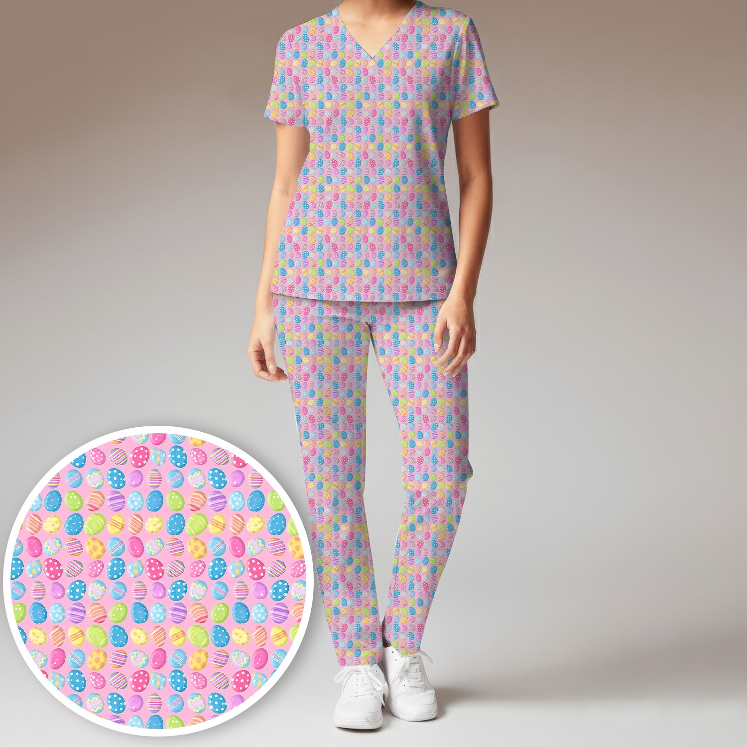 Colorful Easter Eggs Pattern Scrub Set, Scrub Pants and V Neck Top