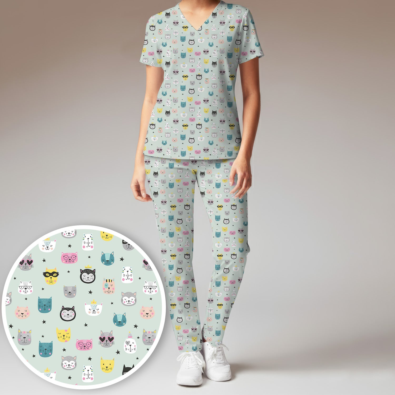 Cute Colorful Cat Pattern Women's Scrub Sets, Breathable Med Uniform