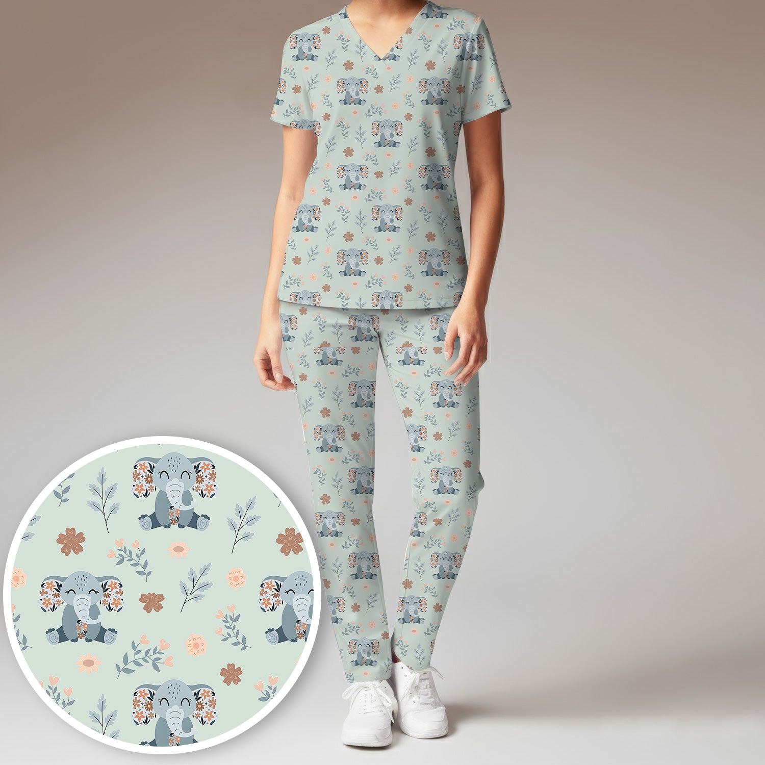 Cute Elephant Floral Print Scrub Set, Scrub Pants and V Neck Top