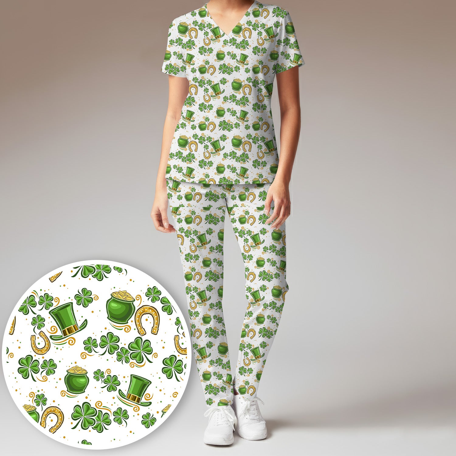 St. Patrick Shamrock Print Scrub Set, Scrub Pants and V Neck Top