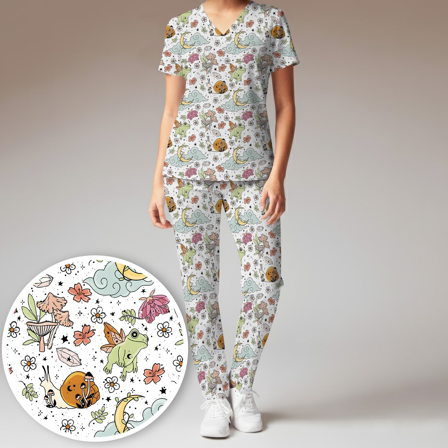 Whimsical Frog Moon Mushroom Pattern Scrub Set, Fantasy Nature Print, Breathable Med Uniform