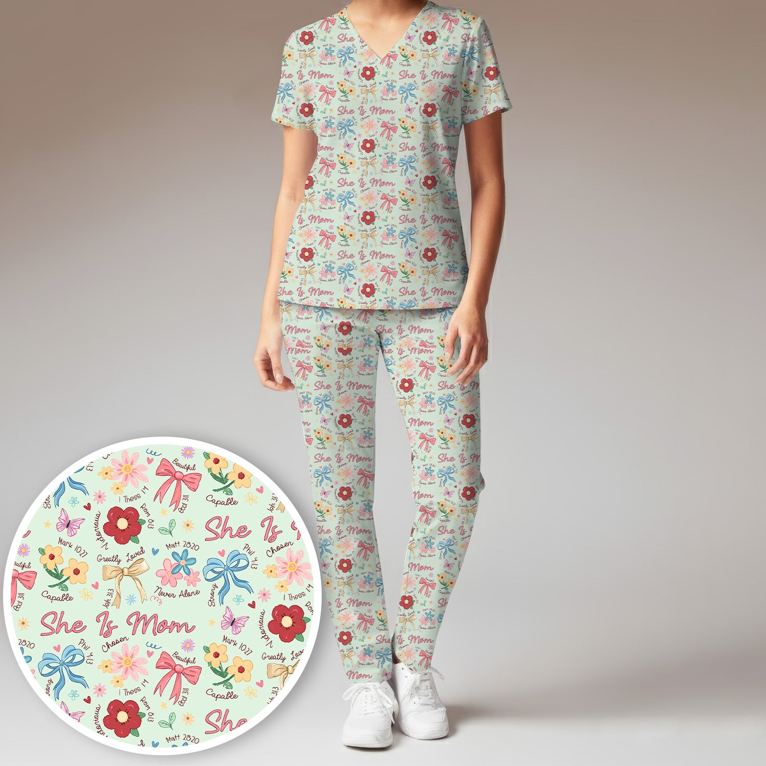 She Is Mom Flower Bow Pattern Scrub Set, Scrub Pants and V Neck Top