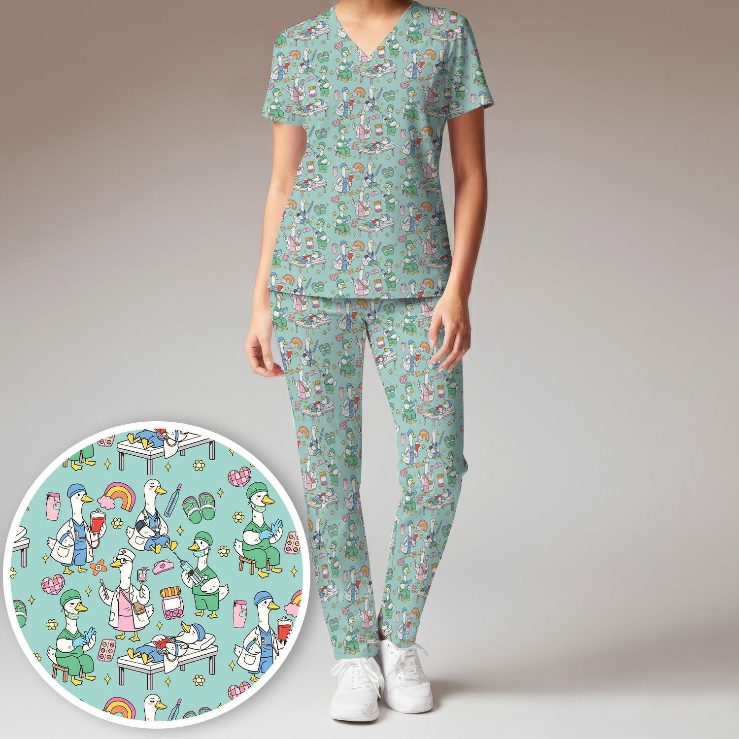 Funny Nurse Duck Medical Doodle Pattern Scrub Set, Scrub Pants and V Neck Top