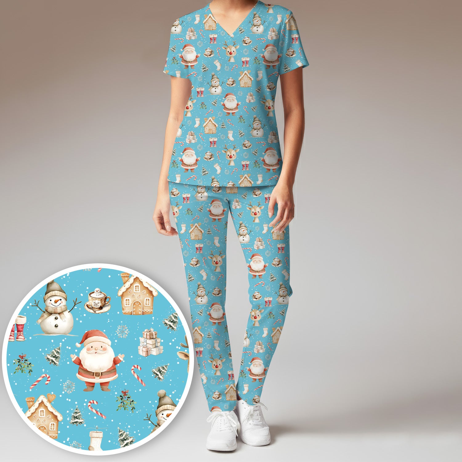 Christmas Santa Pattern  Scrub Top – Cute Medical Uniform for Nurses - Breathable Fabrics Nursing Uniform