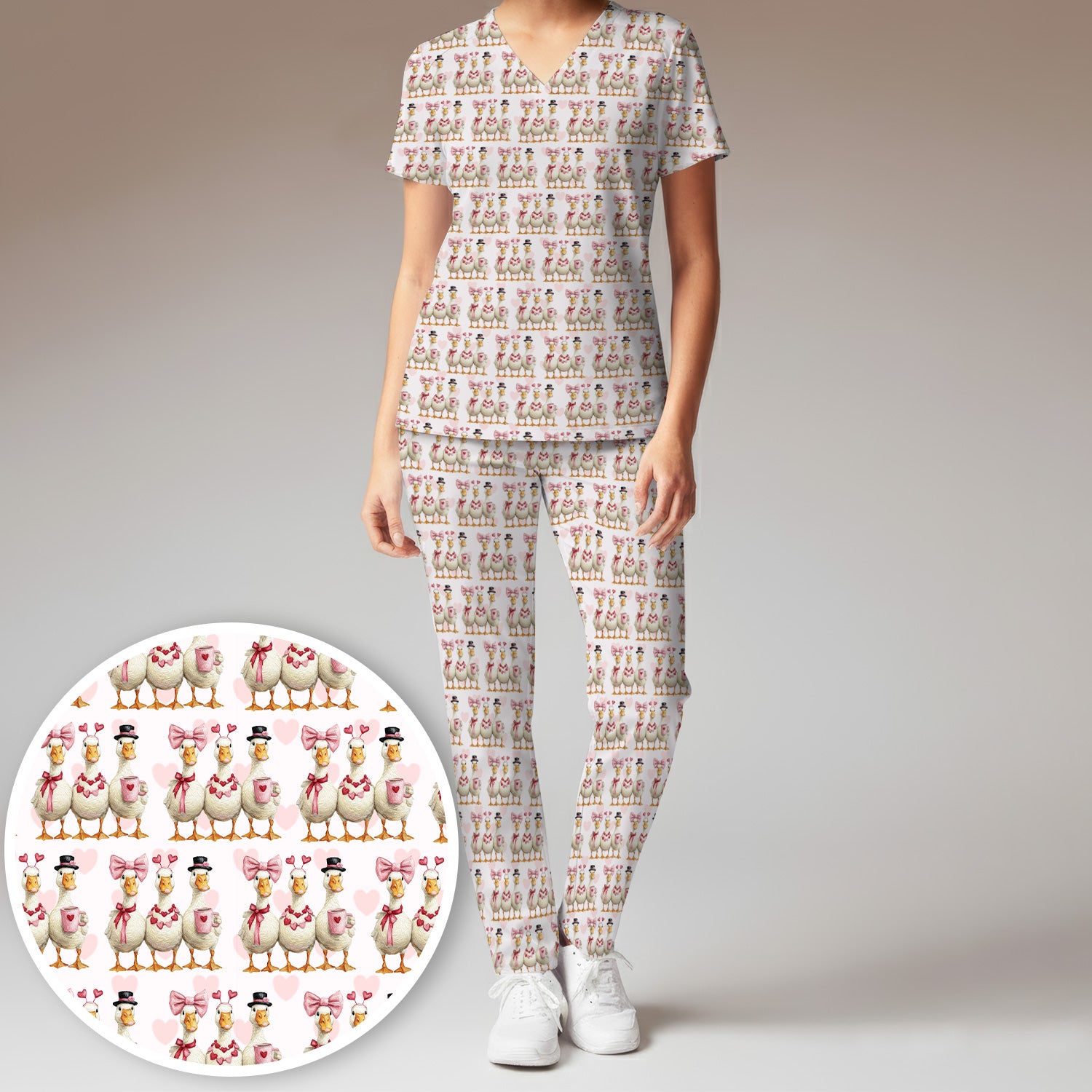 Charming Valentine Goose Heart Pink Design Scrub Set, Scrub Pants and V Neck Top