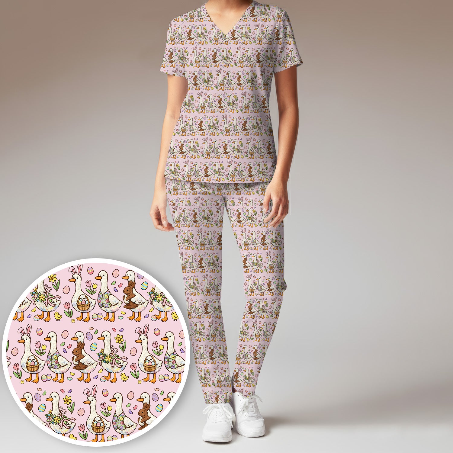 Easter Theme Duck and Bunny Egg Floral Print Scrub Set, Breathable Med Uniform