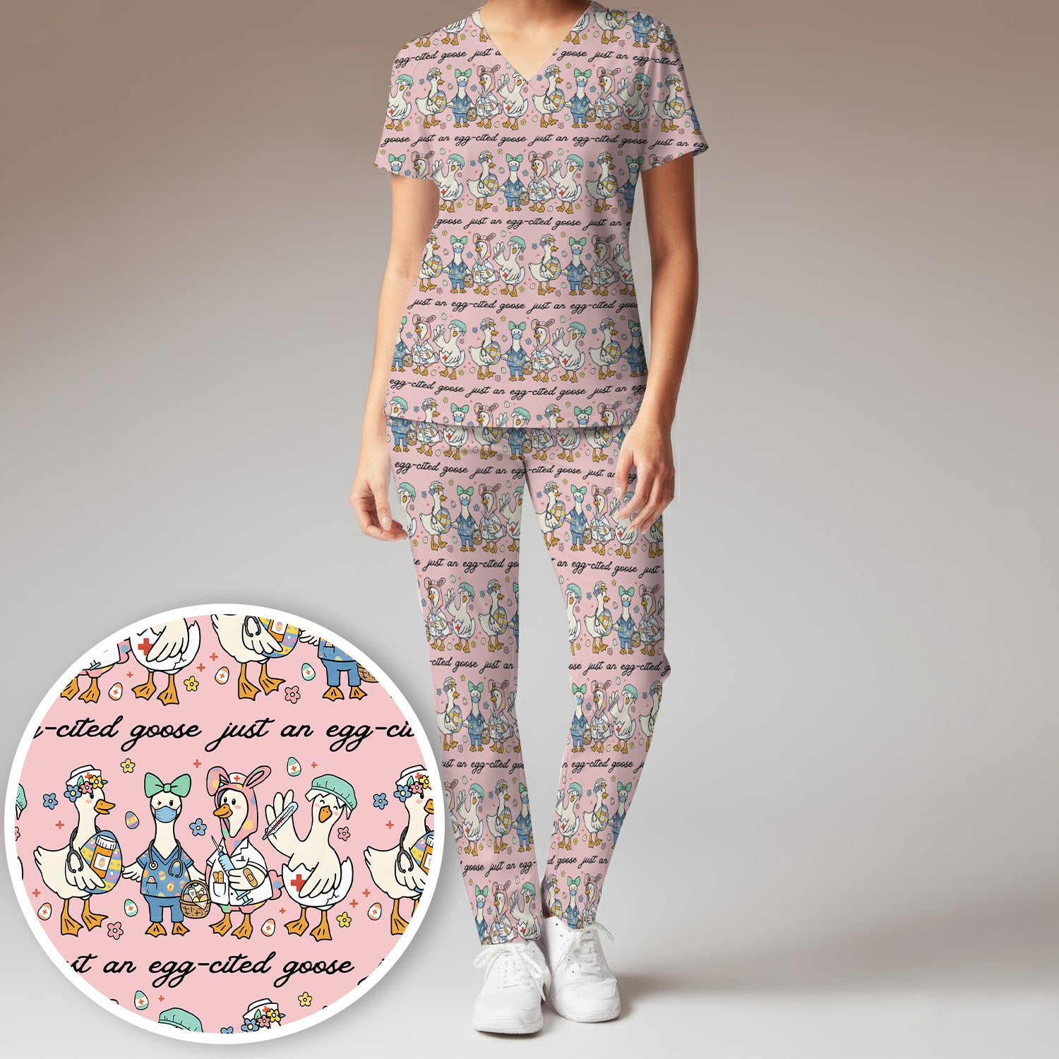 Funny Easter Nurse Goose Pattern Scrub Set, Scrub Pants and V Neck Top