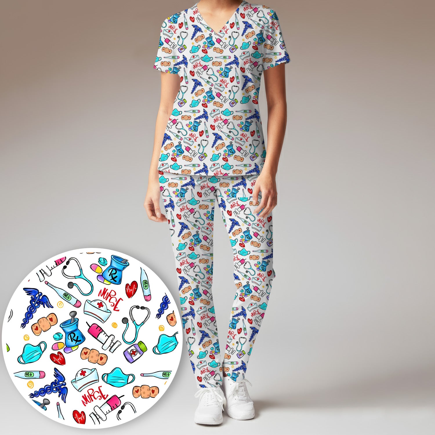 Nurse Medical Icons Stethoscope Heart Pattern Scrub Set, Scrub Pants and V Neck Top