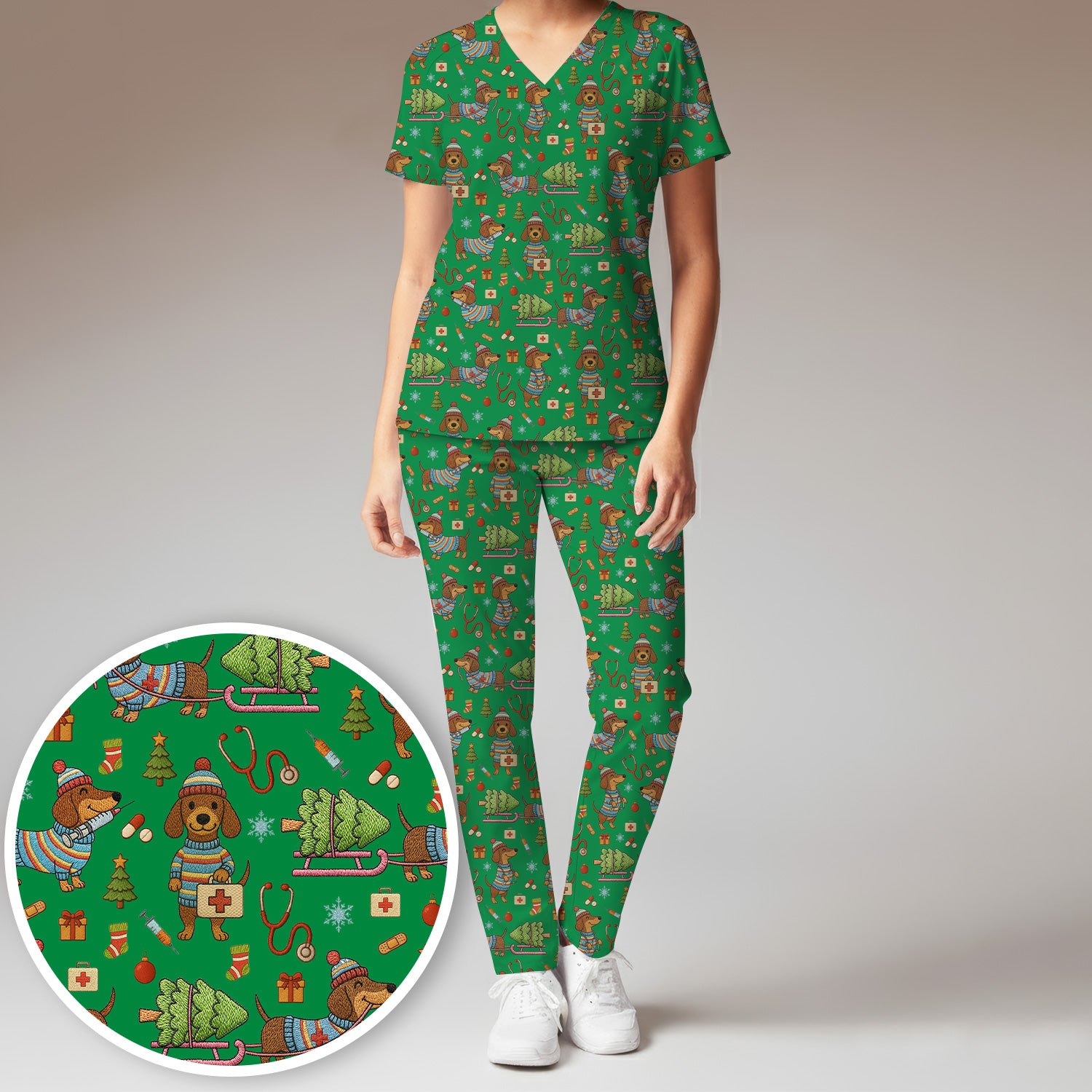 Dachshund Dog Scrub Set For Nurse, Funny Wiener Dog Lover Gift, Cute Dog 3D Knit Pattern Shirt