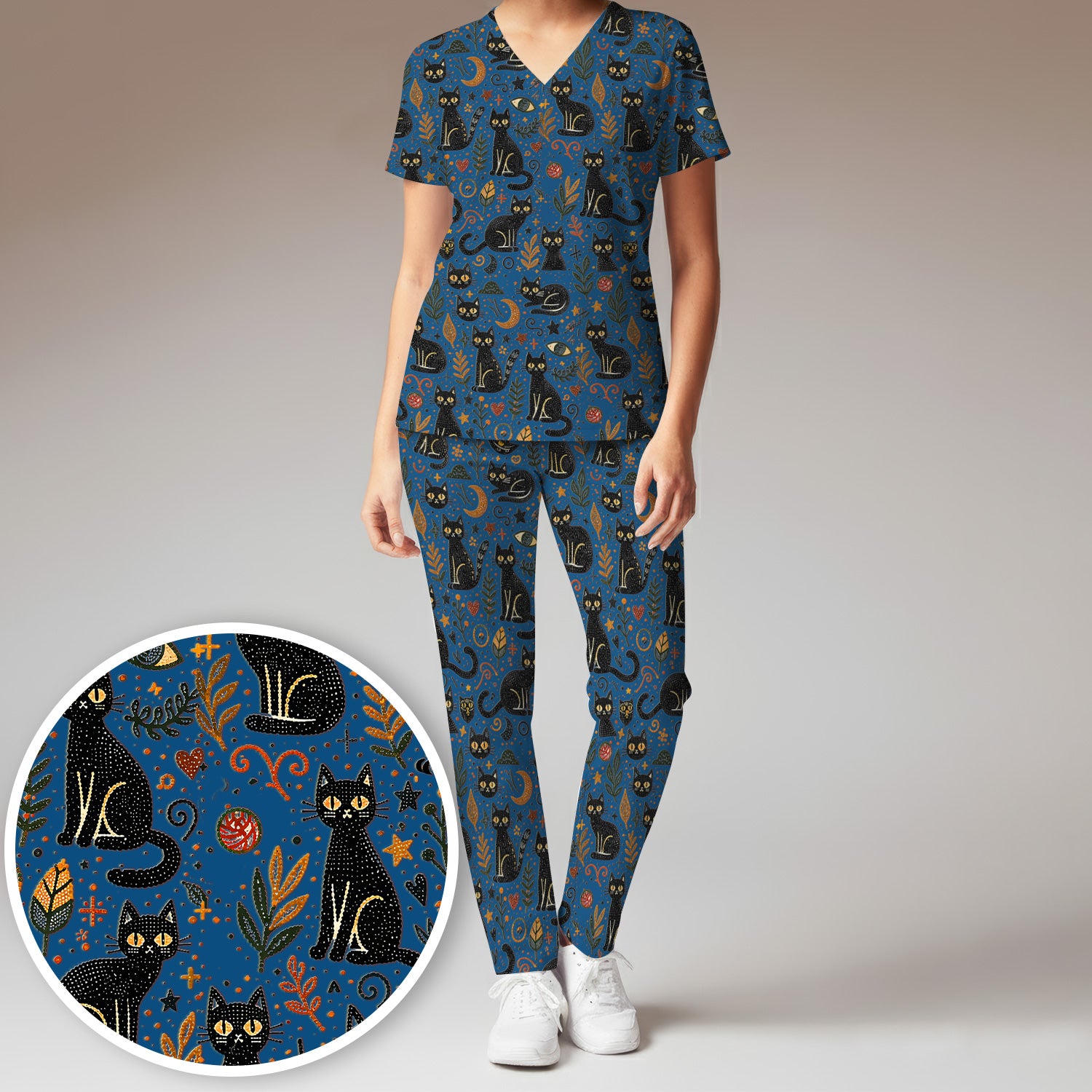 Mystic Black Cat Celestial Doodle Pattern Scrub Set, Scrub Pants and V Neck Top