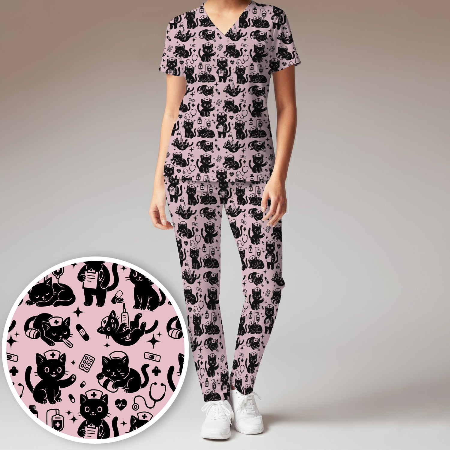Cute Black Cat Nurse Pattern Scrub Set, Breathable Med Uniform