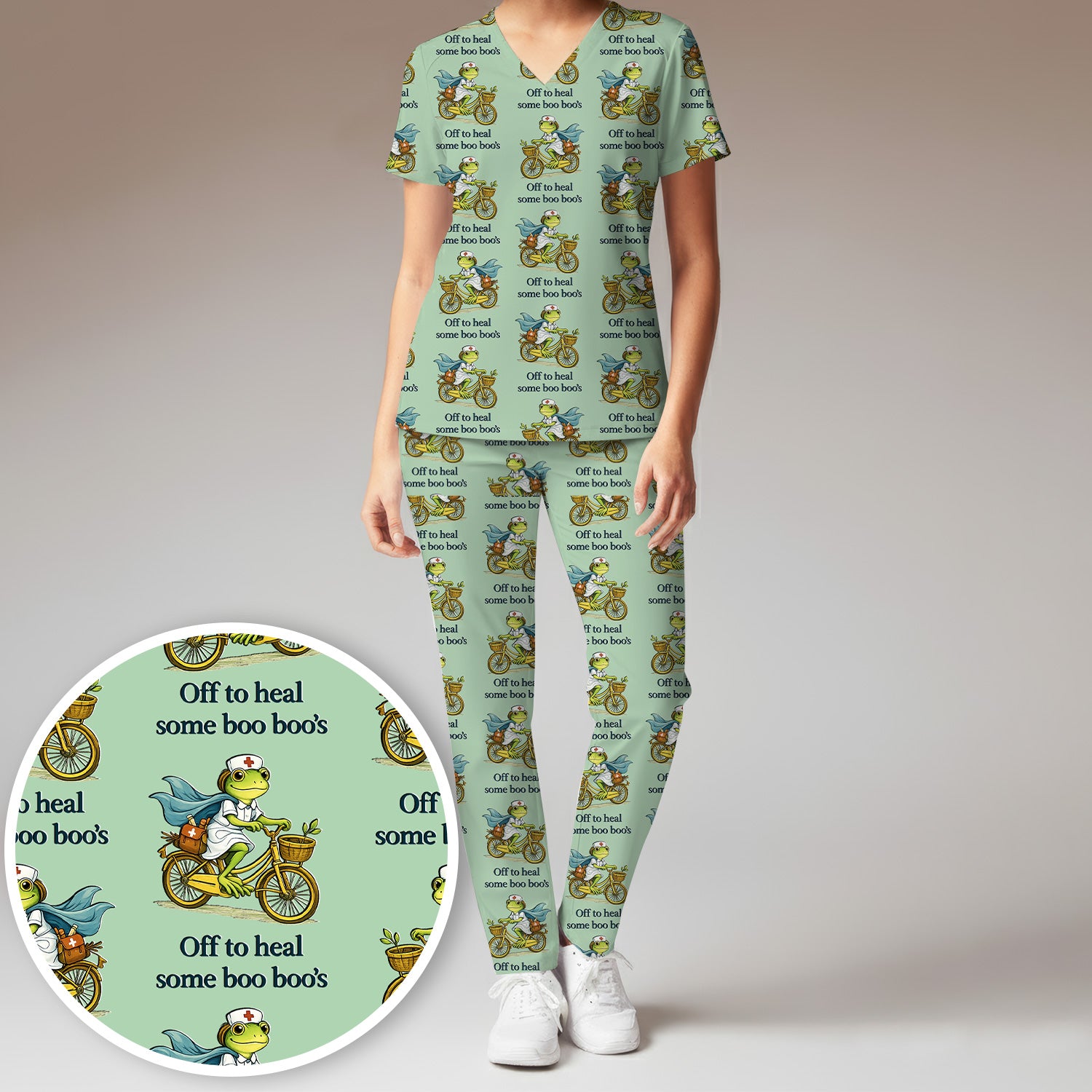 Funny Frog Nurse Cycling Pattern Scrub Set, Scrubs Pants and V Neck Top