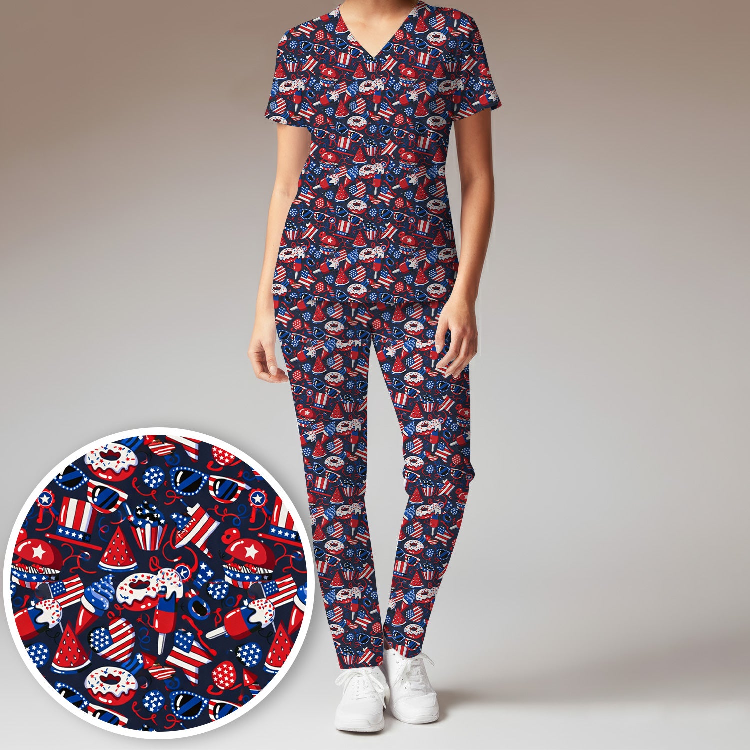 Cute Patriotic Print V Neck Scrub Set for Healthcare Workers, Red Blue Uniform