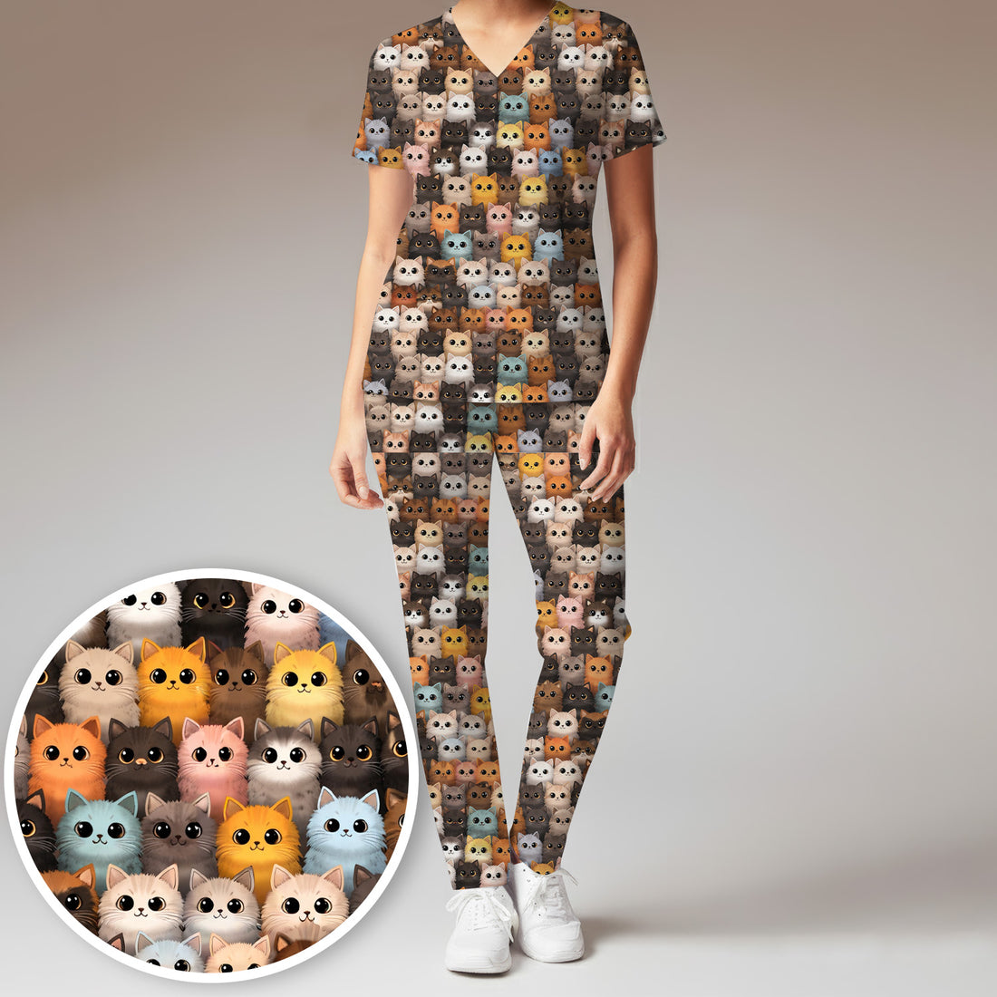 Cute Colorful Cat Pattern Scrub Set, Clinic Work Pants and V Neck Top