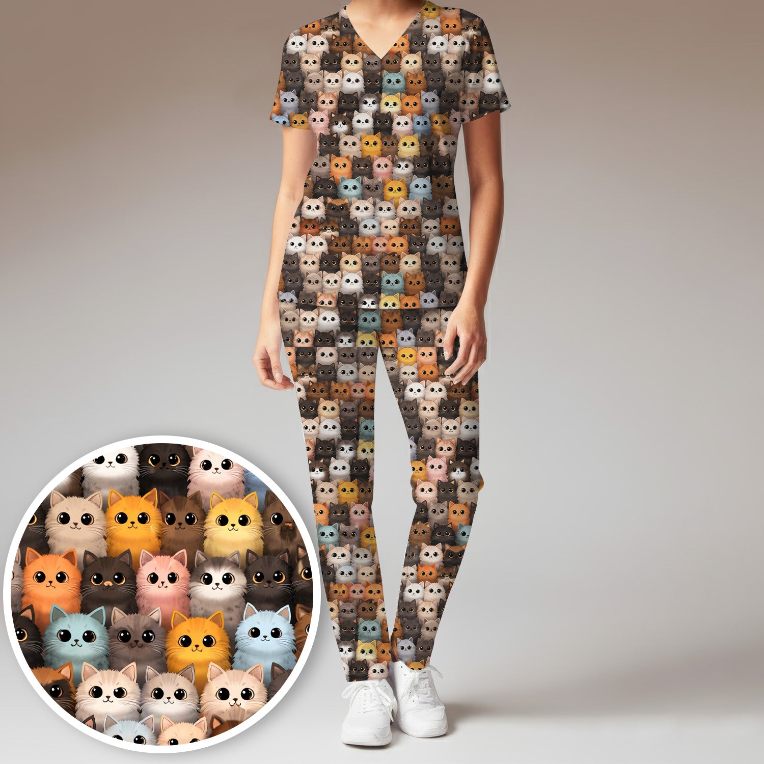 Cute Colorful Cat Pattern Scrub Set, Clinic Work Pants and V Neck Top