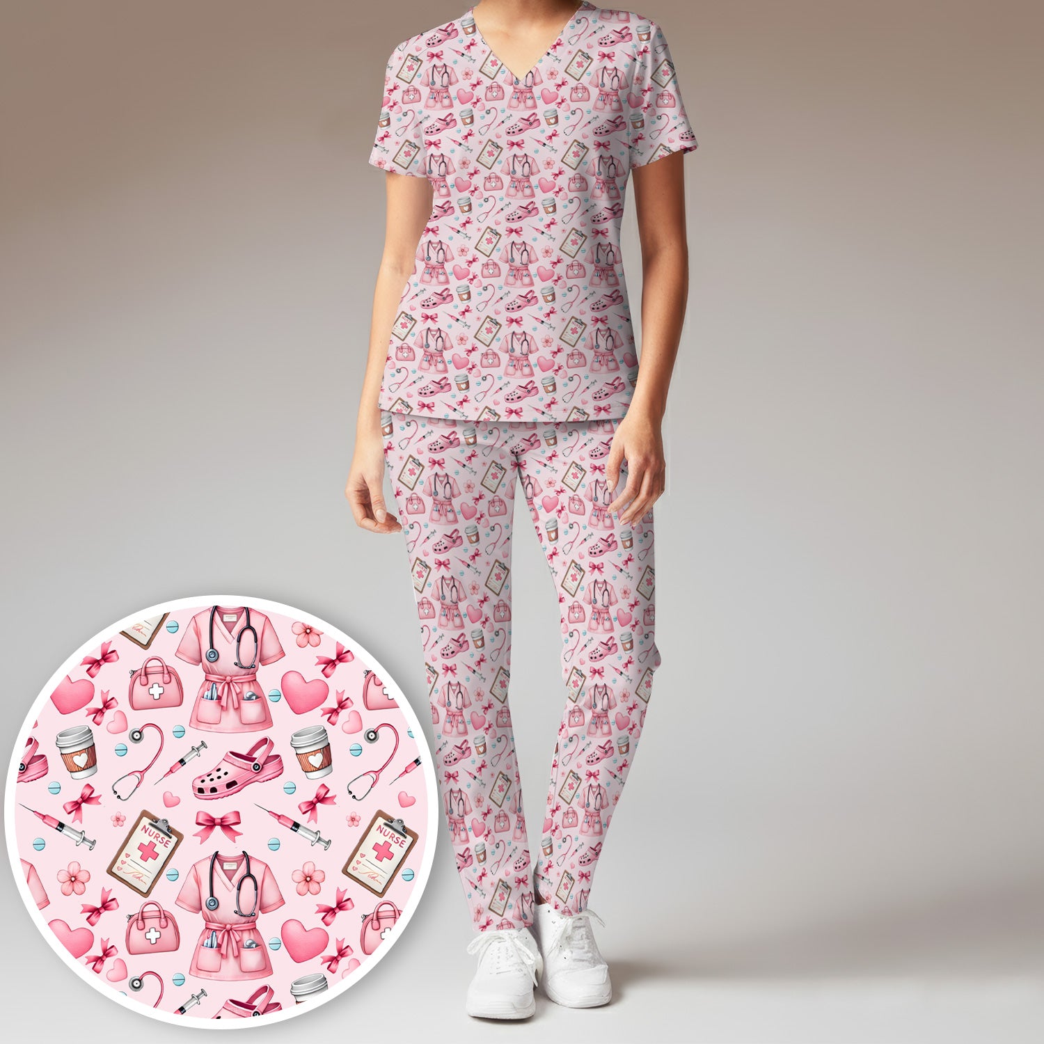 Valentine Pink Nurse Icons Print Women's Scrub Set, Breathable Med Uniform