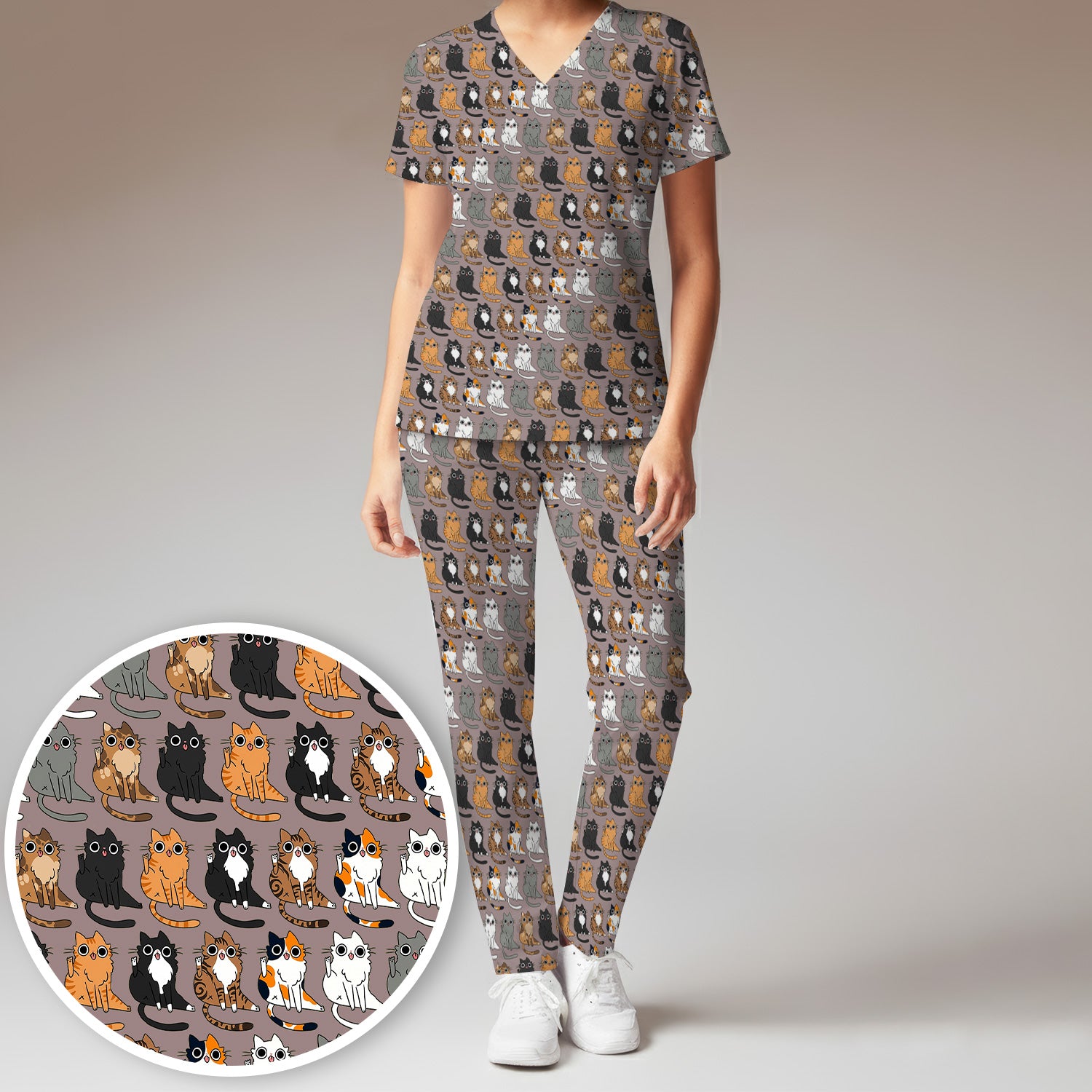 Cute Cartoon Cat Pattern Women's Scrub Set, Scrub Pants and V Neck Top