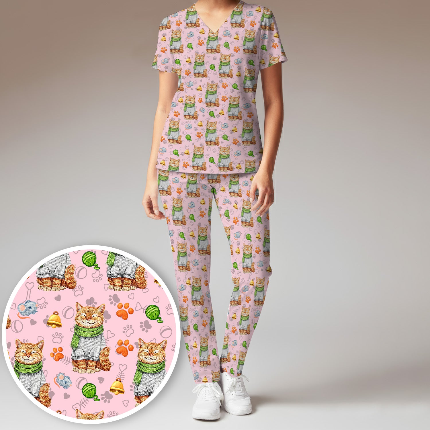 Adorable Cat Lover Nurse Scrub Set, Cute Cat Medical Pattern Shirt, Breathable Fabrics Nursing Uniform