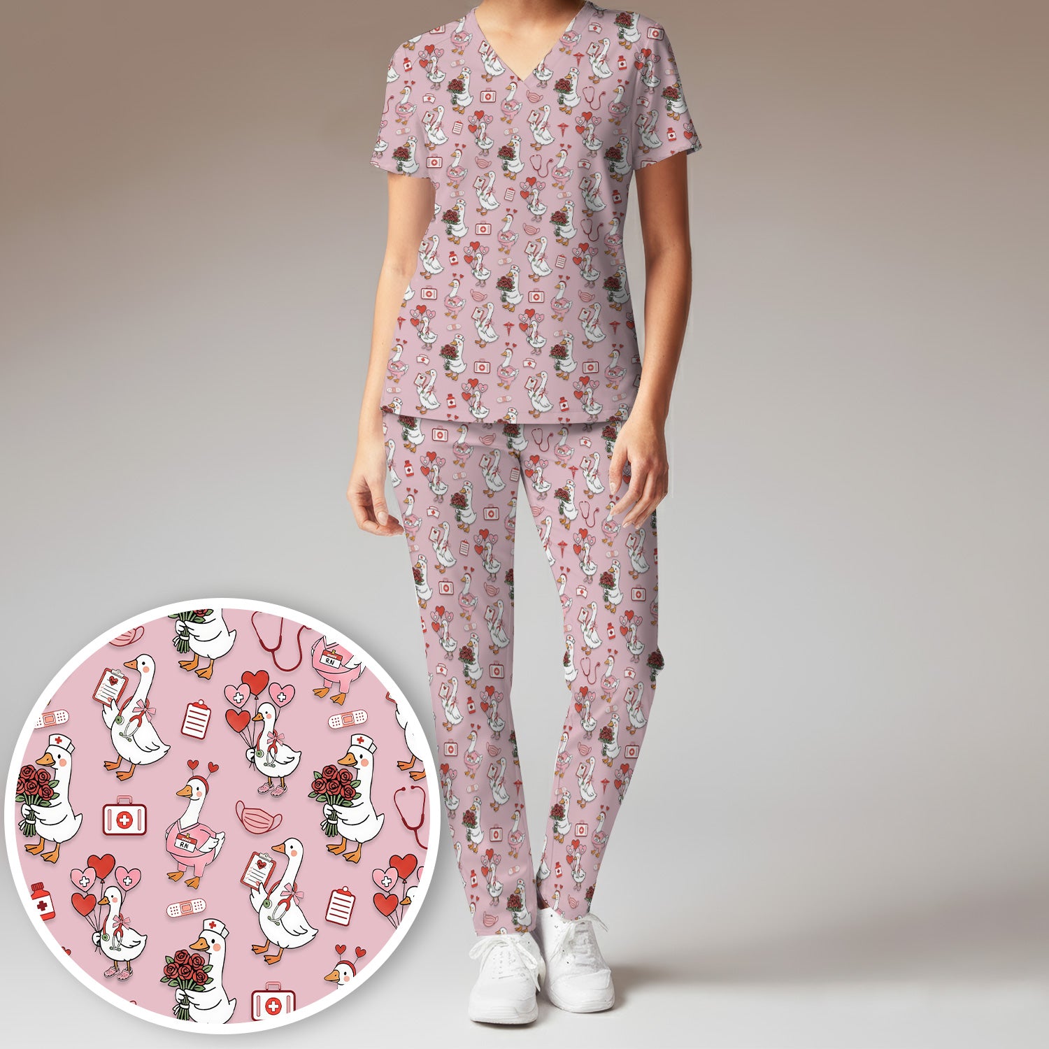 Cute Goose Nurse Medical Pattern Scrub Set, Women's Scrub Sets