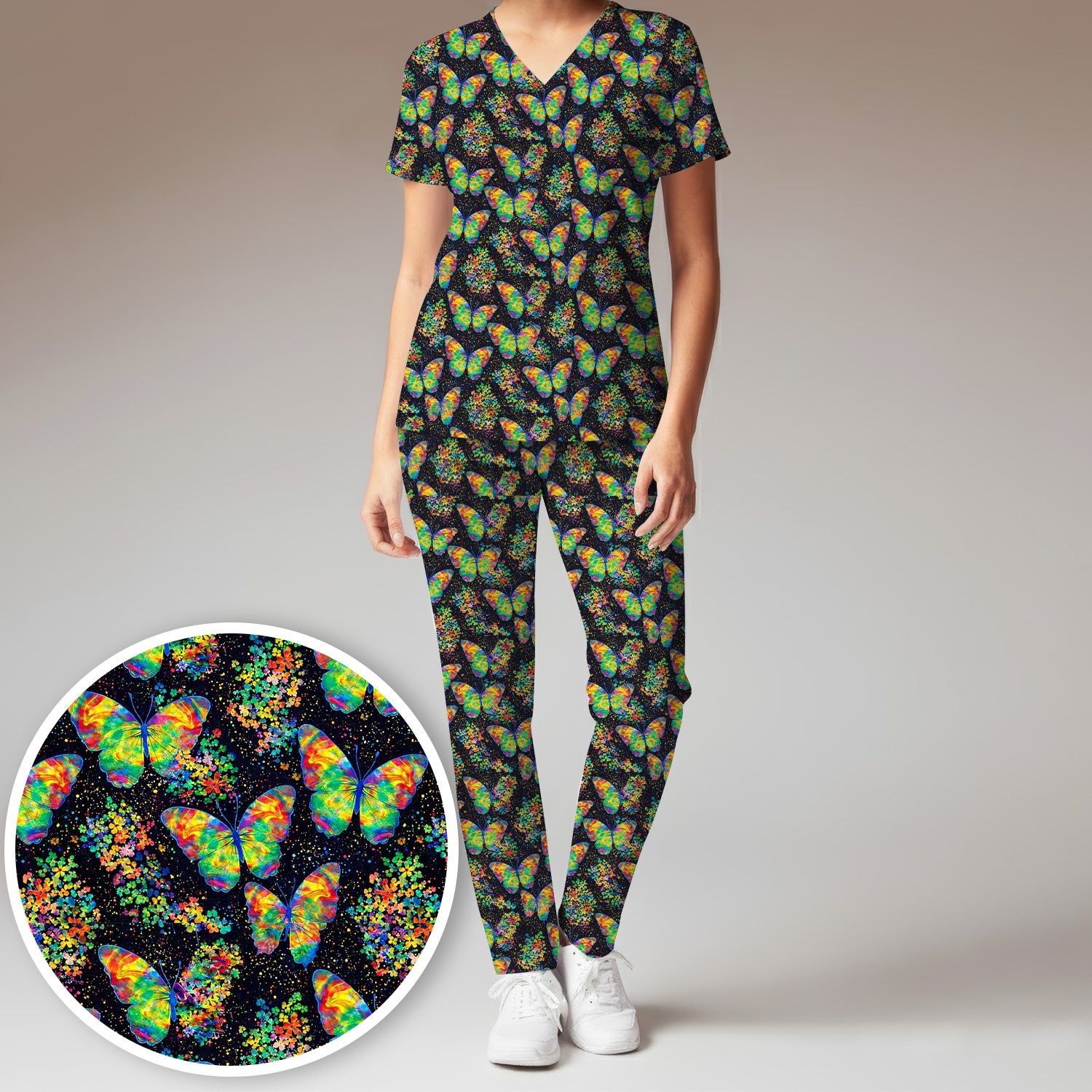 Rainbow Butterfly Galaxy Print Scrub Set, Scrub Pants and V Neck Top