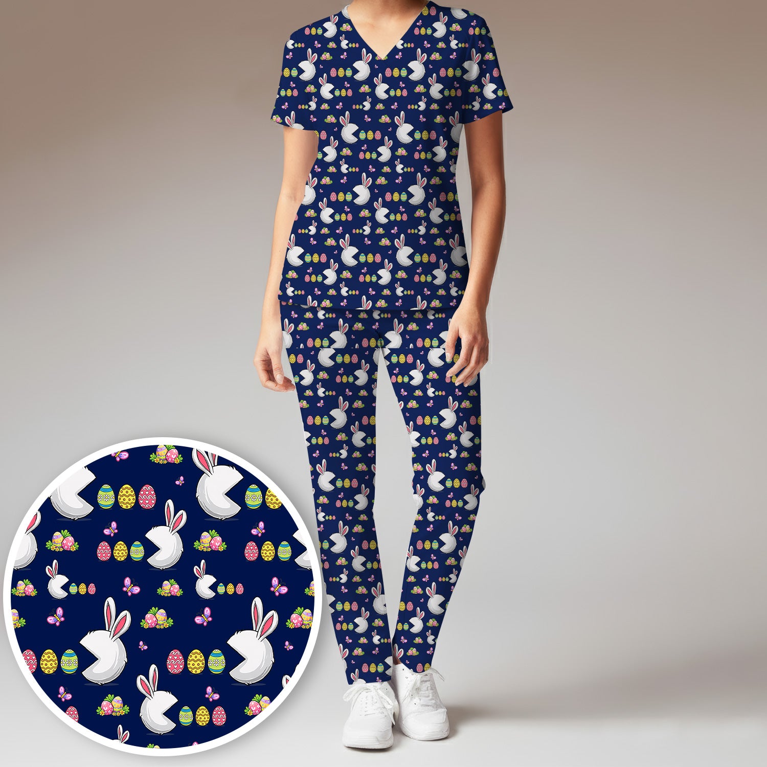 Easter Bunny and Colorful Eggs Print Scrub Set, Breathable Med Uniform