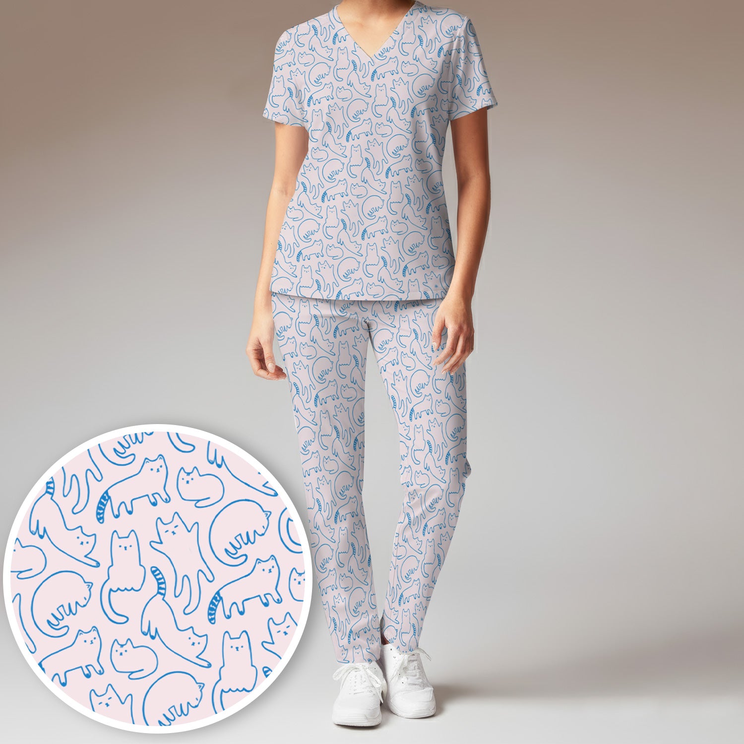 Artistic Cat Pattern Medical Scrub Set, Breathable Fabrics Nursing Uniform