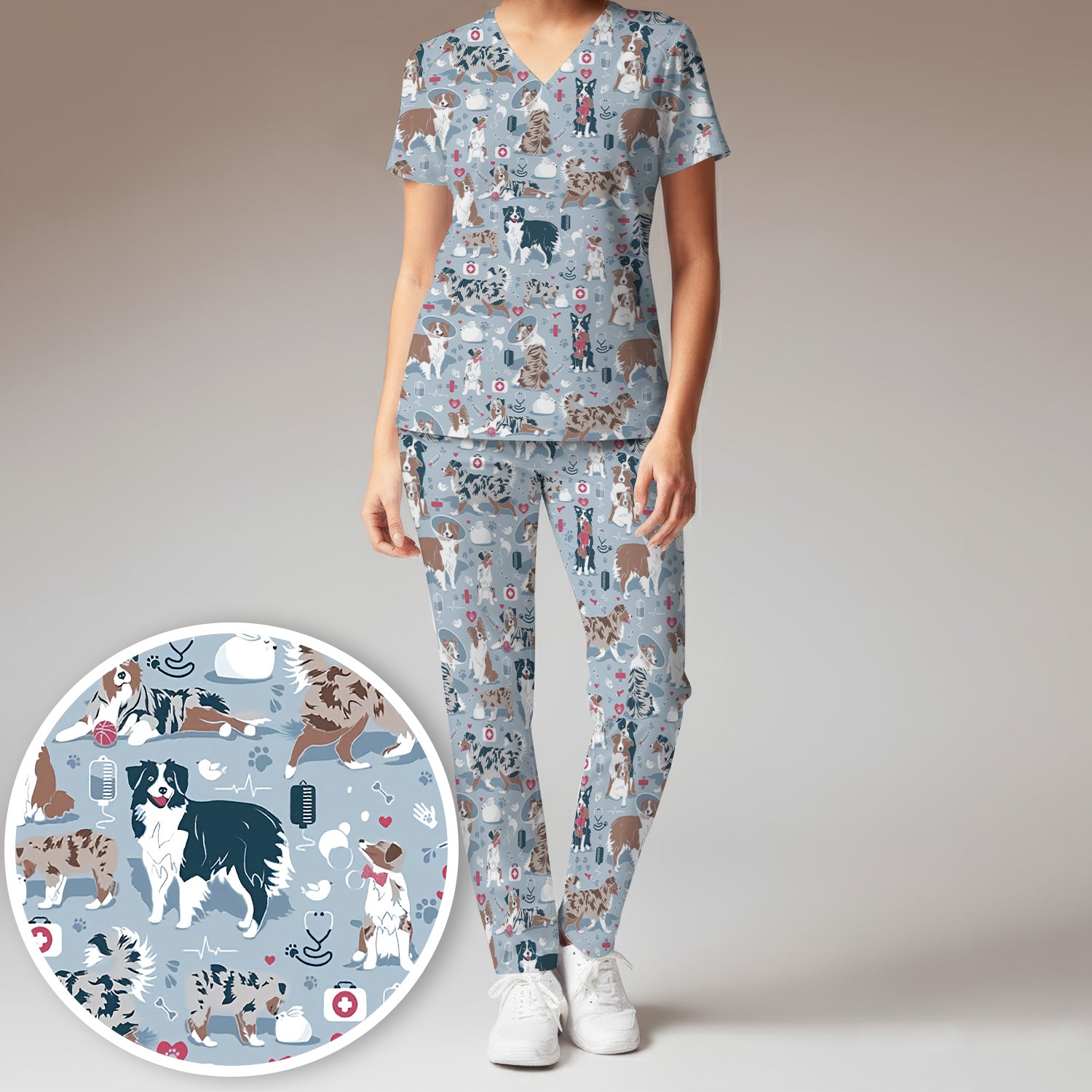 Cute Dog Pattern Women's Veterinary Scrub Set, Scrub Pants and V Neck Top