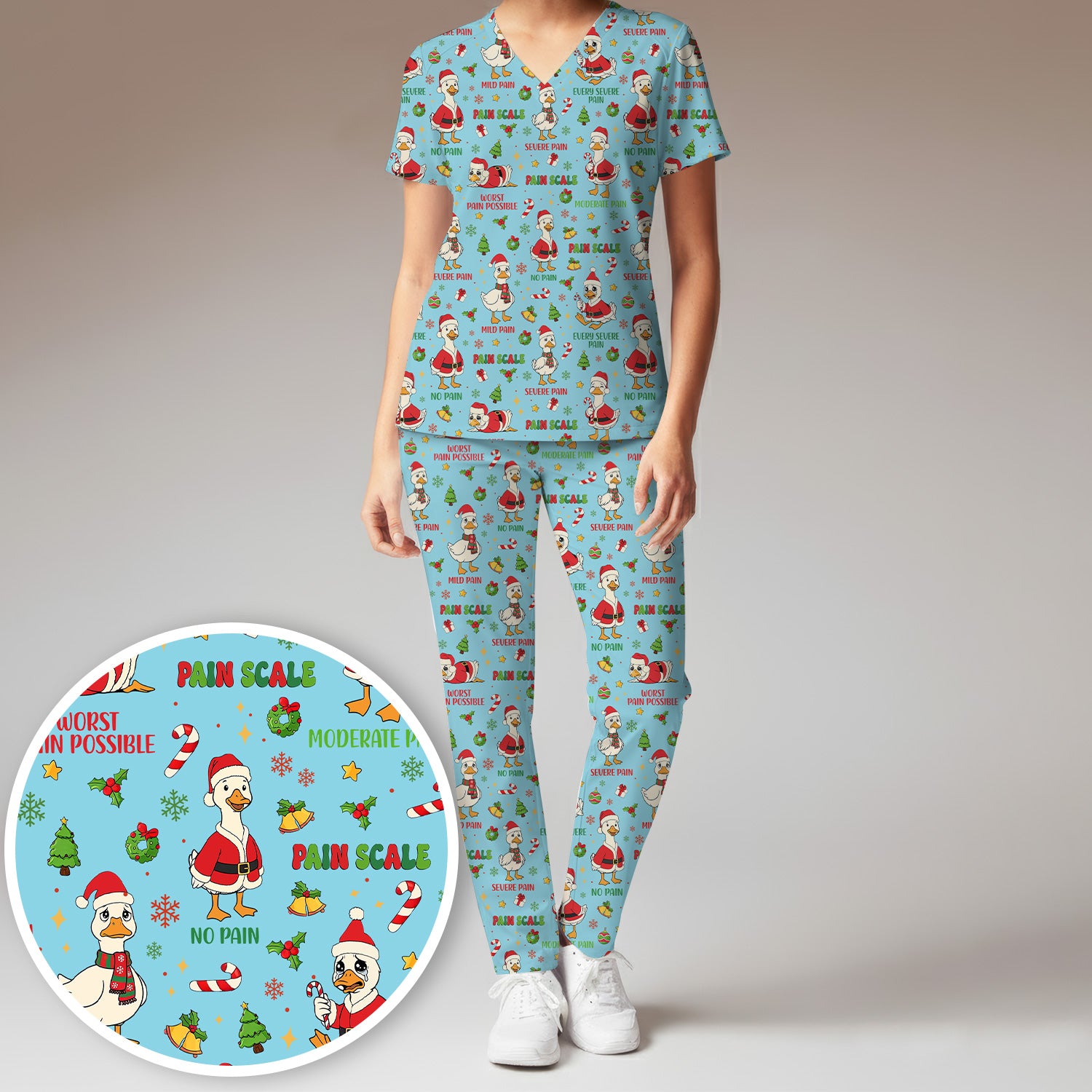 Christmas Nurse Scrub Set - Funny Goose Pain Scale Pants and V Neck Top - Cute Holiday Medical Uniform for RN LPN CNA