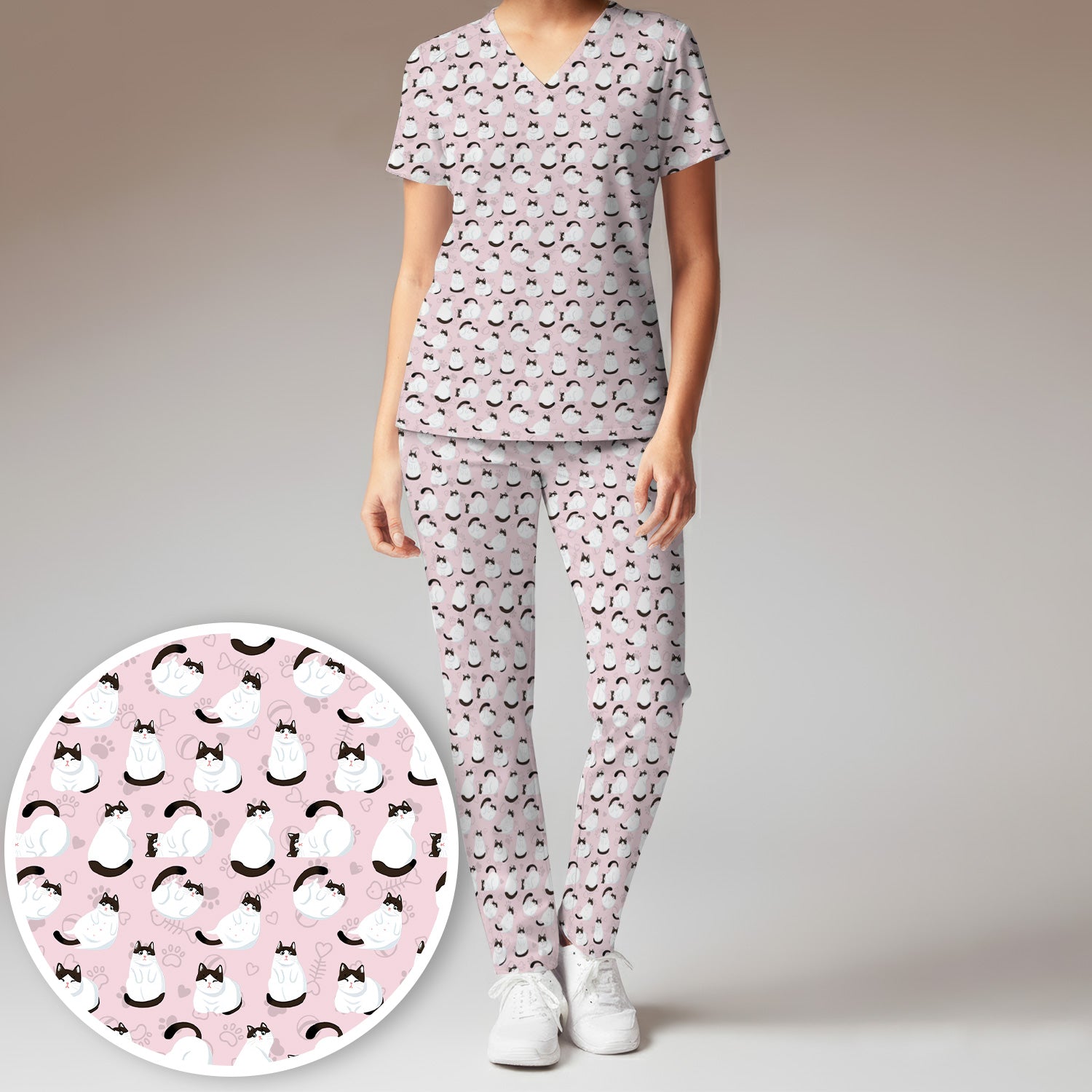 Cute Cat Pattern Medical Scrub Set, Breathable Fabrics Nursing Uniform