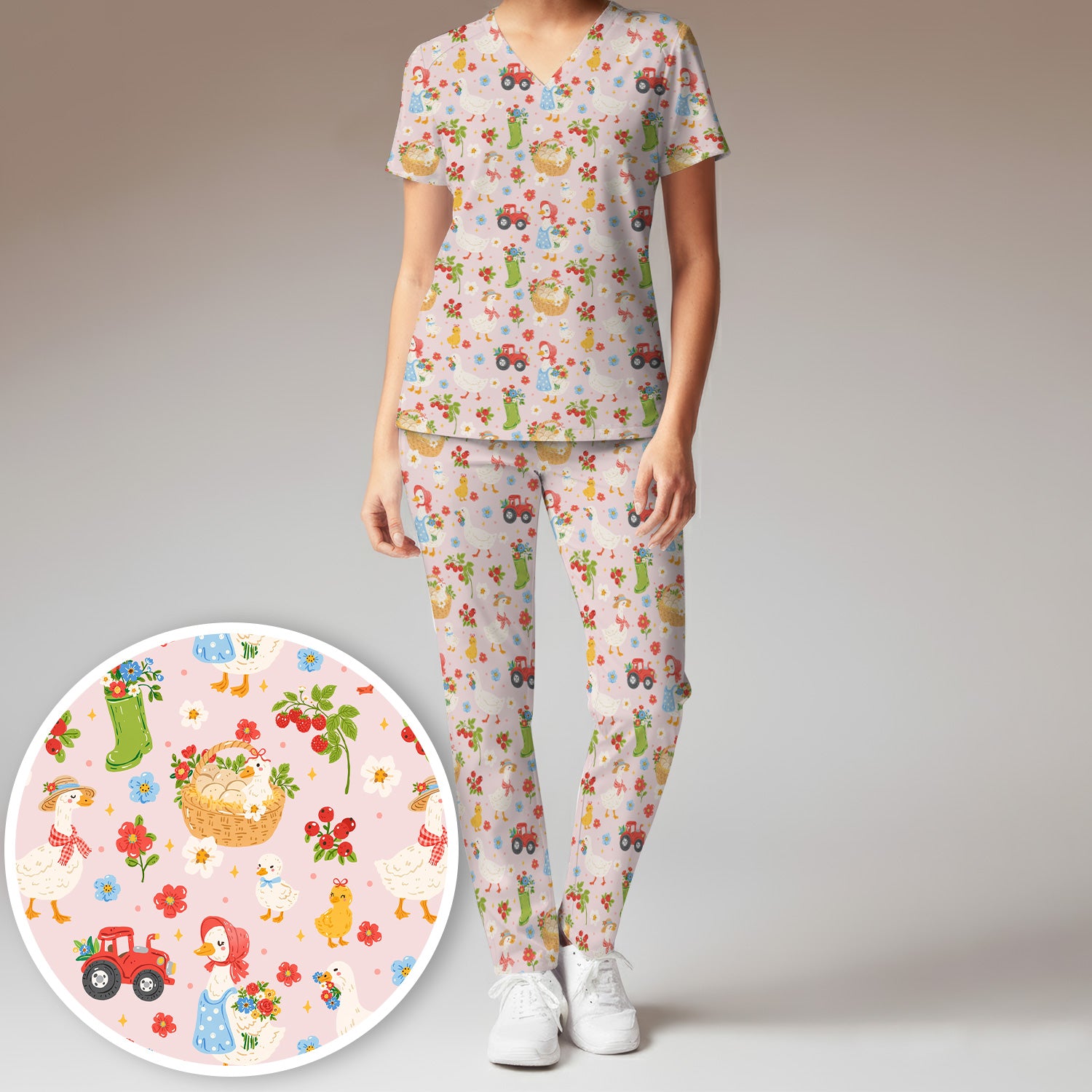Farm Duck Chicken Tractor Flower Basket Scrub Top, Breathable Fabrics Nursing Uniform