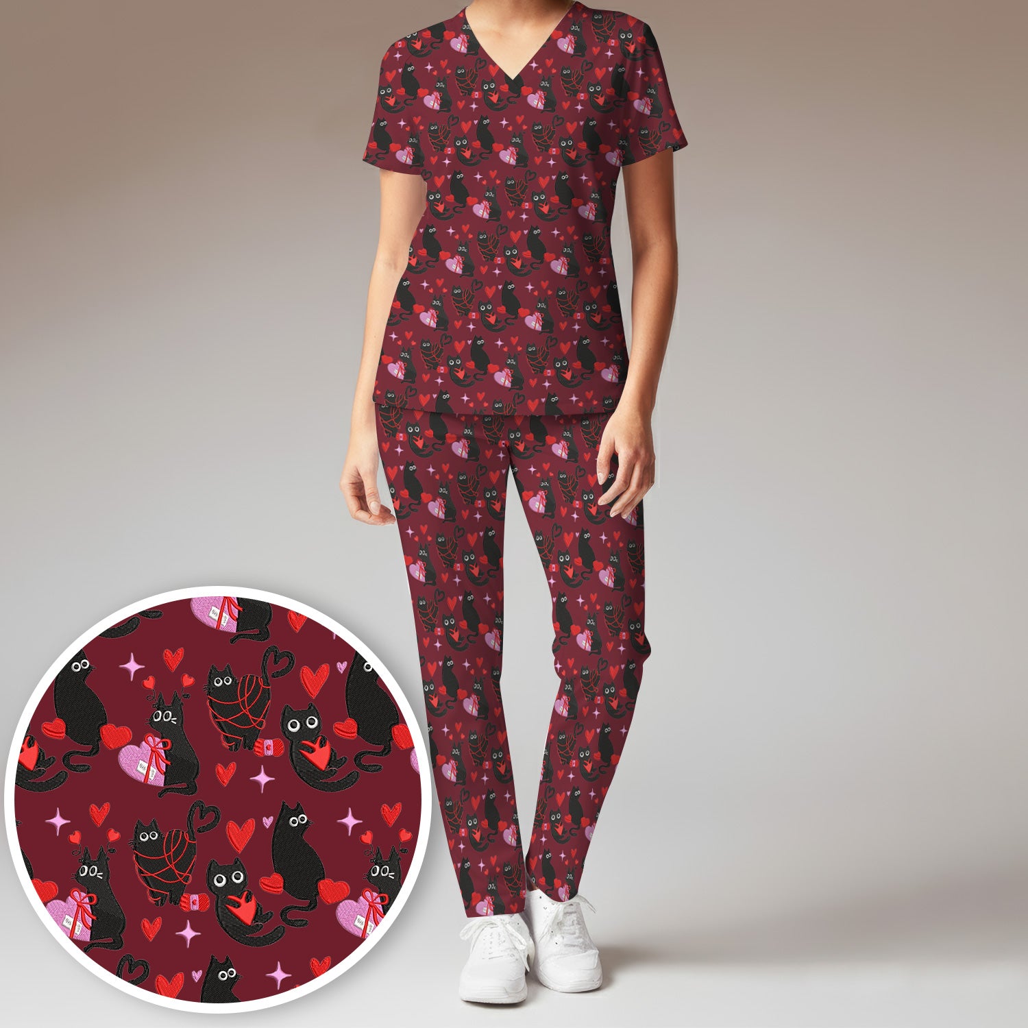 Valentine’s Day Scrub Set, Cute Black Cat With Heart Pattern Nurse Shirt, Breathable Fabrics Nursing Uniform