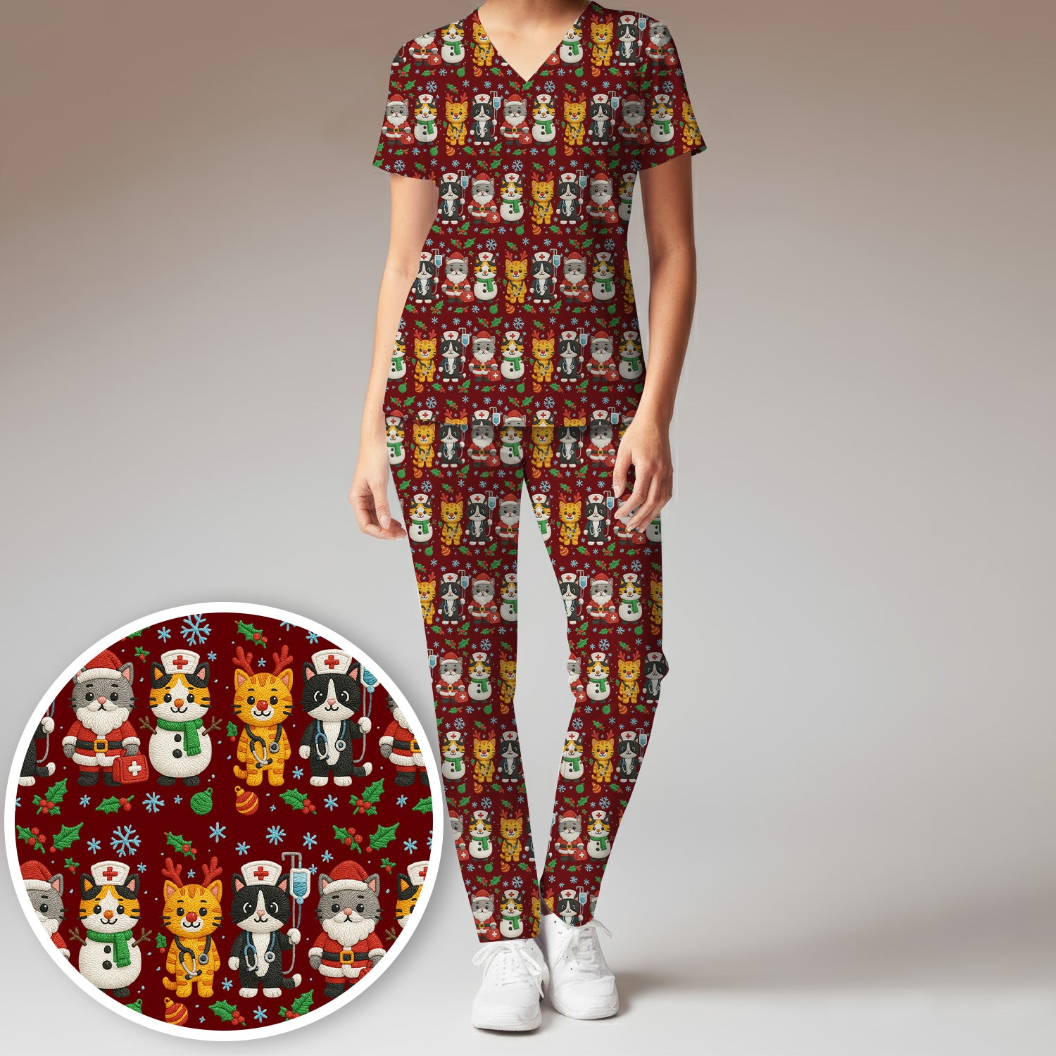 Christmas Cat Nurse Pattern Scrub Set, Cute Holiday Kitty Medical Uniform Shirt For Nursing