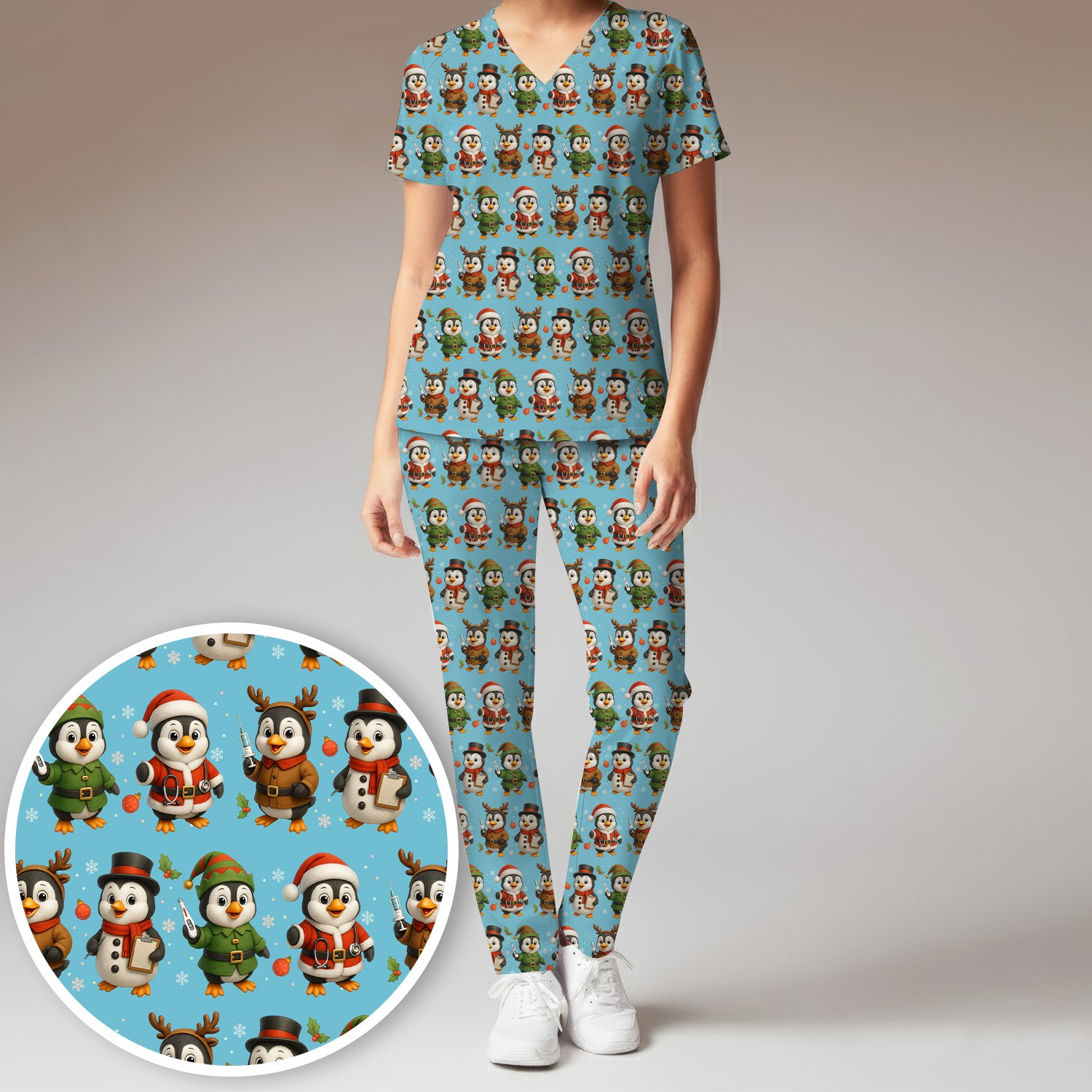 Penguin Christmas Scrubs Set - Adorable Holiday Pattern Scrub Top & Pants - Cute Penguin Scrubs for Women Christmas Season